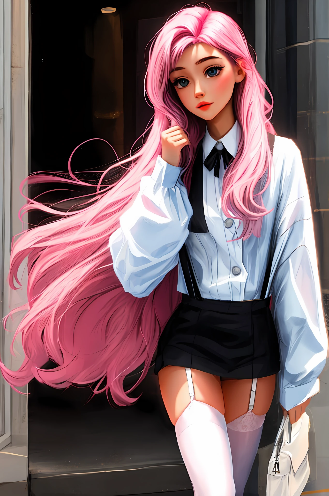 4K，teens girl，A pink-haired，White suspender stockings，Clothing indentation