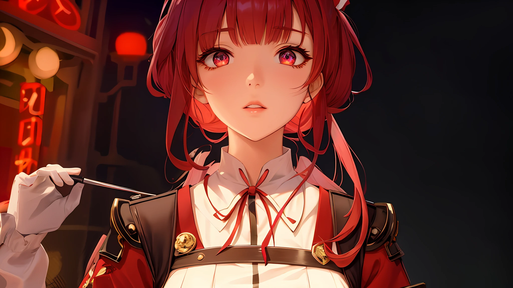 Anime girl with red hair and white shirt holding knife, from the azur lane videogame, Ayaka Genshin Impact, shalltear bloodfallen, ayaka game genshin impact, visual novel cg, gapmoe yandere grimdark, shalltear from overlord, 、top-quality、8K,Reconciliation Details、 Fate Grand Order, glowing crimson head、Bewitching woman、Adult woman with appeal、Eyes are red、Female sexy