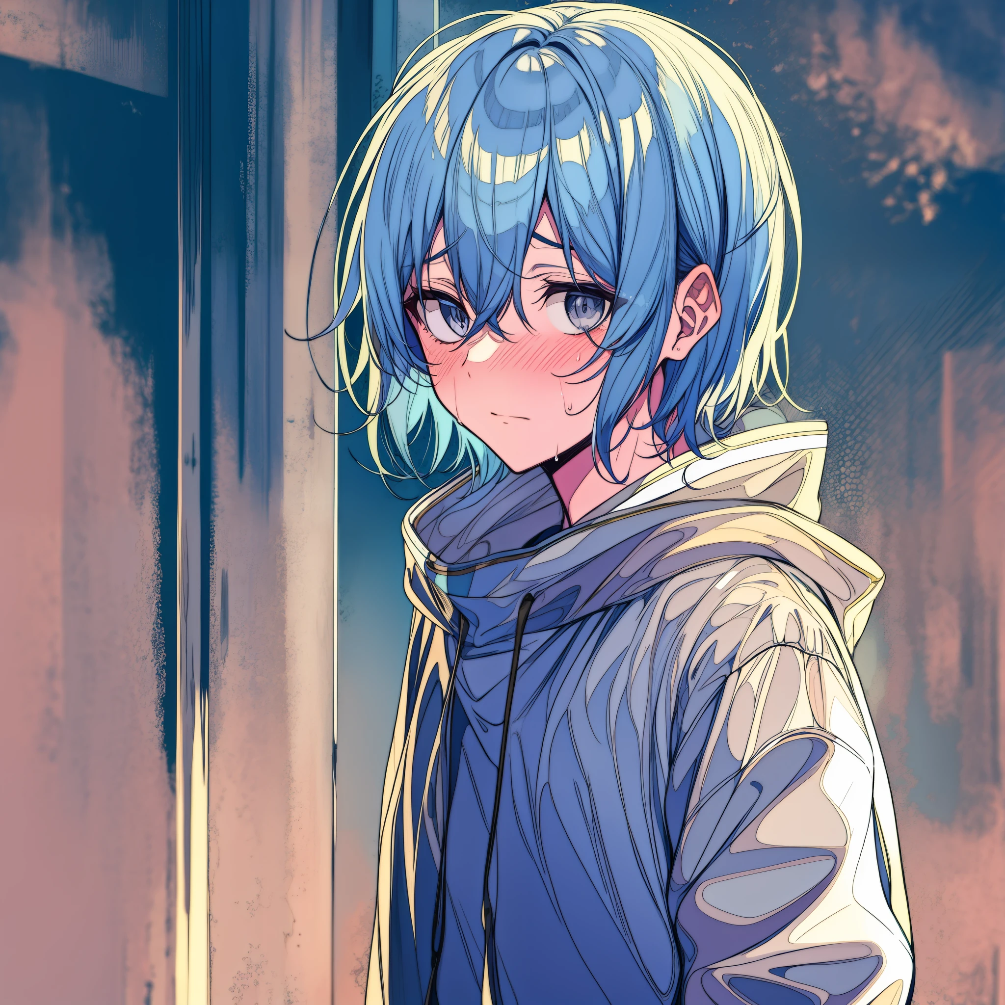 Nervous genderless ager with light blue hair, grey eyes, shy, nervous, sweating,