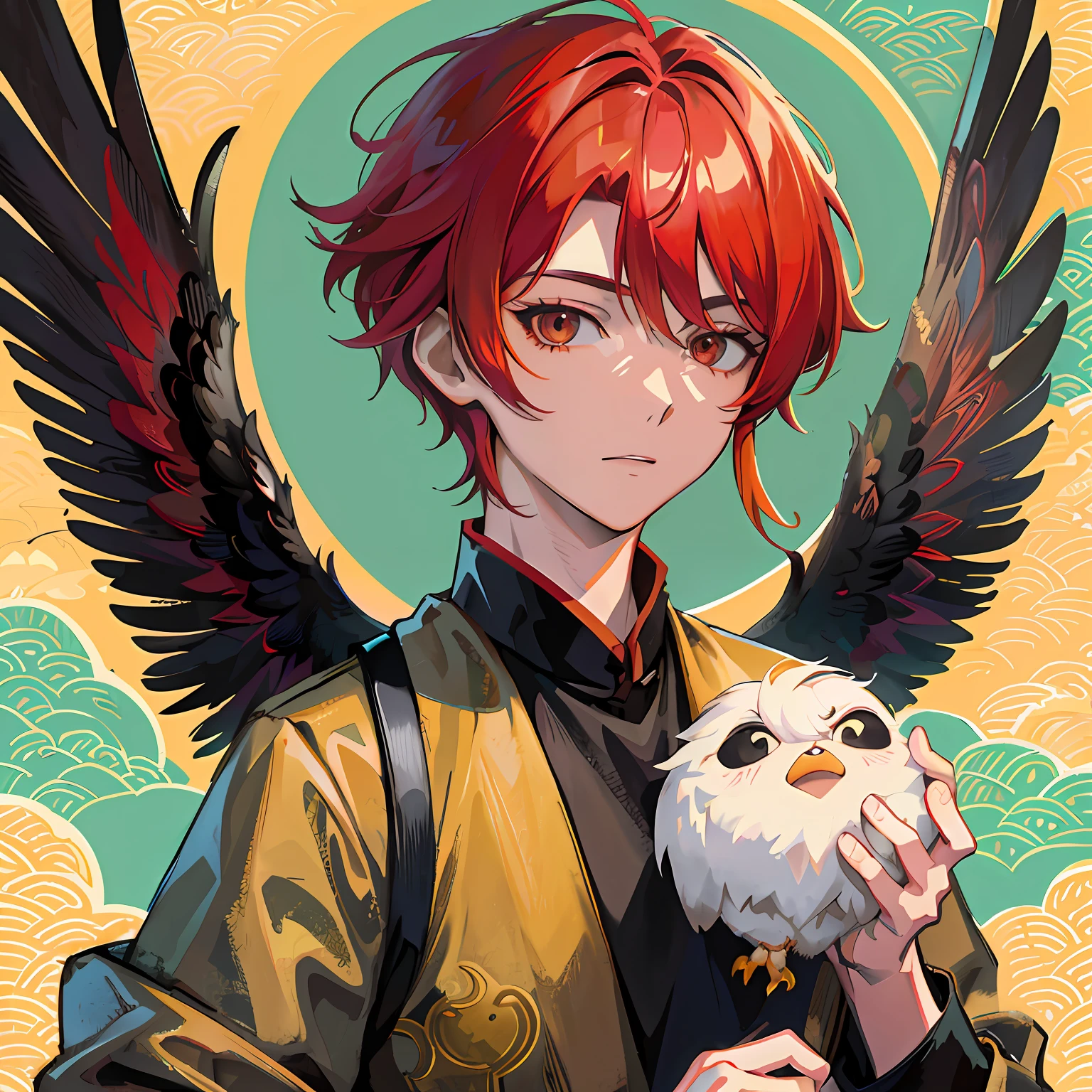 Anime - a style illustration of a young man holding a bald eagle, demon slayer rui fanart, orange - haired anime boy, handsome guy in demon killer art, Guviz-style artwork, An anime cover, young wan angel, winged boy, by Yang J, trending on artstation pixiv, Anime style illustration, Digital anime illustration, Guviz