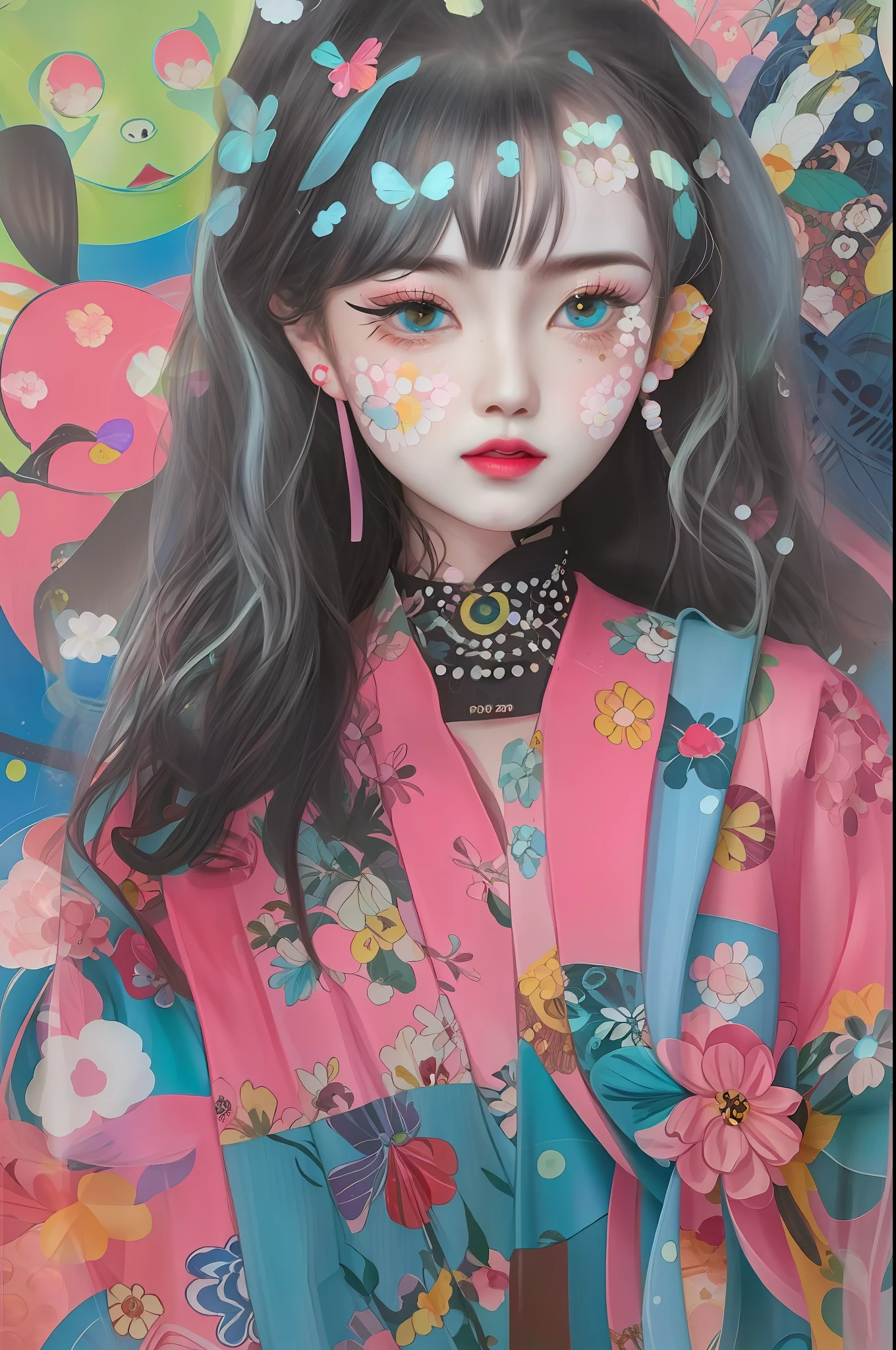 Draw a girl with a lot of different things on her face, inspired by Hikari Shimoda, decora inspired illustrations, japanese pop surrealism, author：Nobusada Yanagawa, inspired by Harumi Hironaka, author：hikari shimoda, japanese popsurrealism, inspired by Kagaku Murakami, dreamy psychedelic anime, inspired by Takashi Murakami