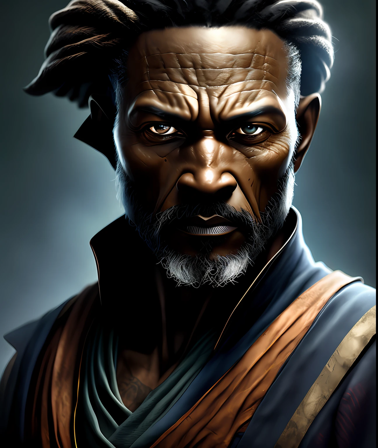an old mulatto jedi knight, 40 years old, strength and determination in his eyes, looking at the 50 mm camera, diffused light, rebellious republic environment, award-winning magazine cover photo, hyper detailed