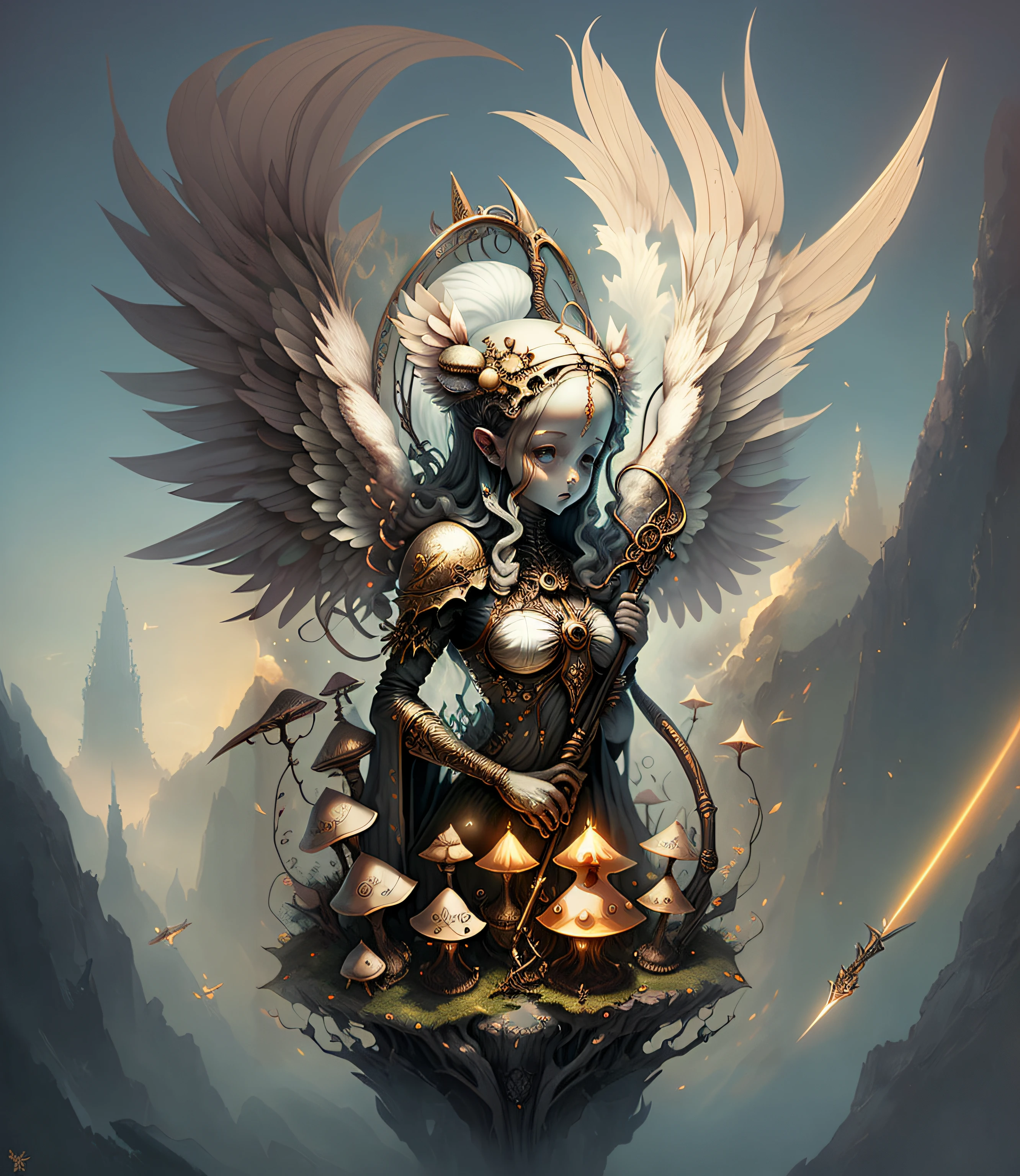 There is a woman wearing a sword and a helmet, Fantasyart, Steampunk Angel, mohrbacher, artgerm julie bell beeple, in the art style of mohrbacher, detailed digital 2d fantasy art, high quality fantasy art, detailed fantasy art, symmetrical spectacular fantasy art, detailed fantasy digital art, wlop art