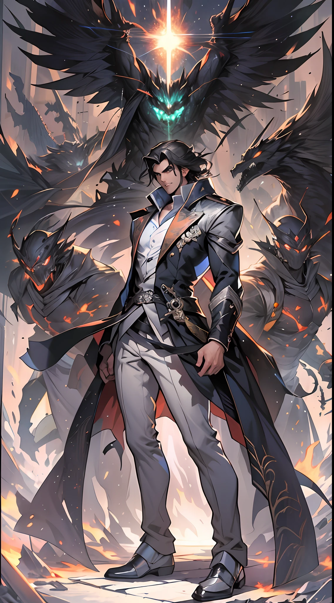 A young and handsome man stands in the center of the scene,Four phantoms appeared behind him,Each phantom represents a heroic spirit。The man raised his arms,Unfold your body,Exudes powerful energy fluctuations。Everyone looked at him in surprise,The gaze was attracted by these four heroic shadows。