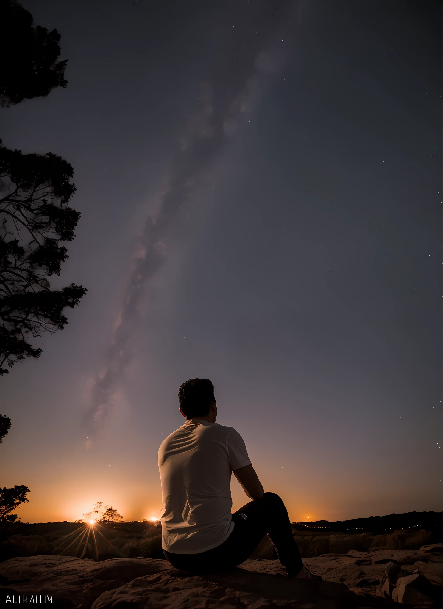Foto RAW, a (potrait:1.2) de um homem muito bonito, (pele altamente detalhada:1.2), sitting under the starry sky, 8k uhd, dslr, soft-lighting, alta qualidade, grain of film, Fujifilm XT3