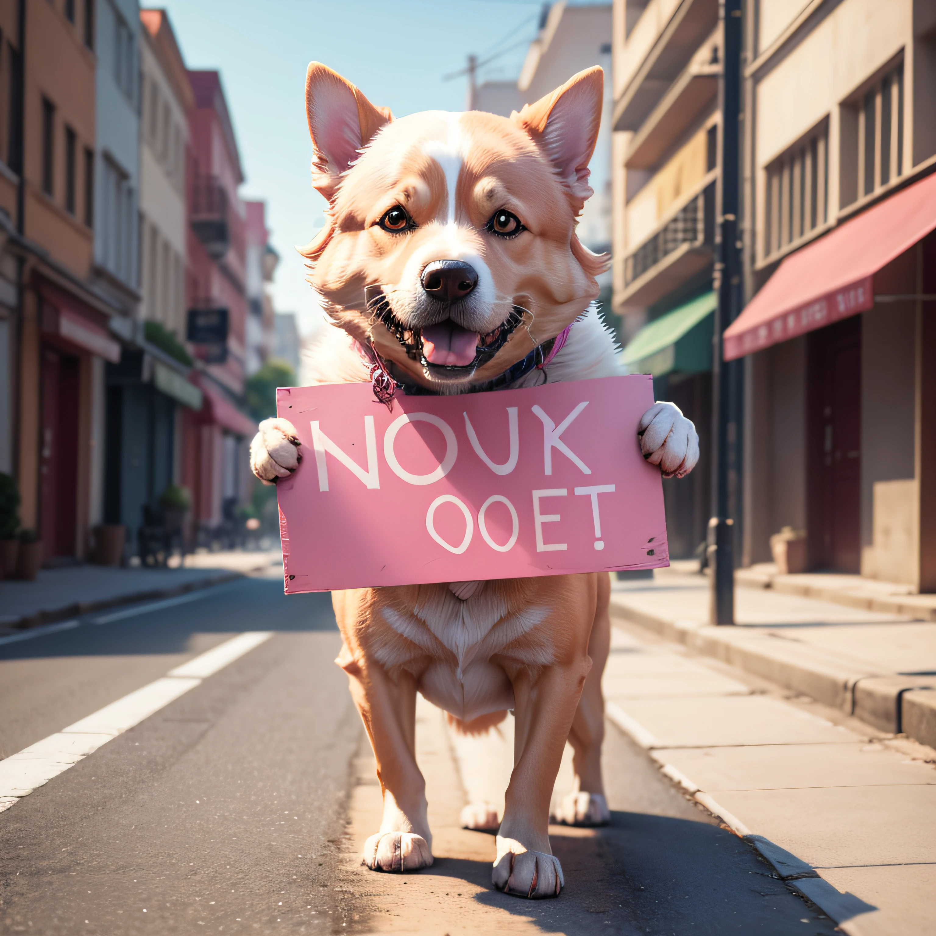dog holds pink sign, ultra detailed 8k --auto