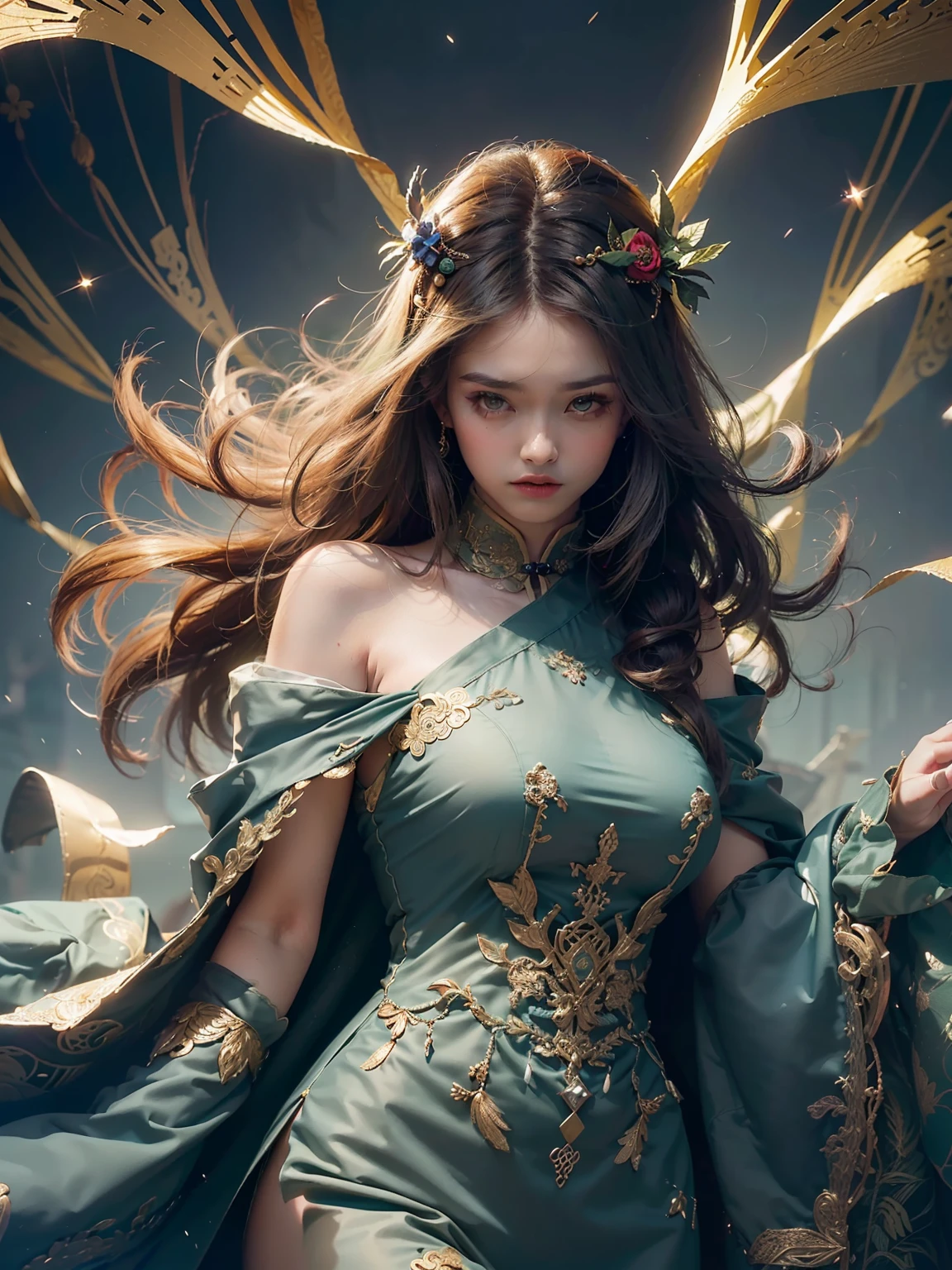 (Dark green period costume:1.3,Yarn,guard,Fretwork,Pedras preciosas,opulent,delicated,Extreme,Amazing:1.2),(The whole body of the character:1.2,Completely wrapped in dark green gauze tent,Emphasize the main body of Chinese clothing:1.2)