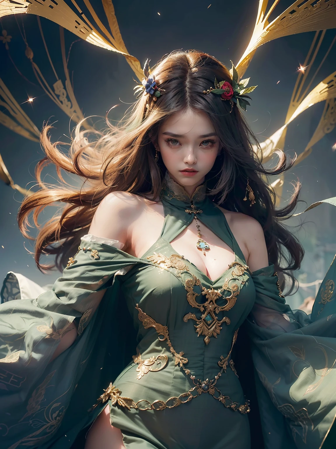 (Dark green period costume:1.3,Yarn,guard,Fretwork,Pedras preciosas,opulent,delicated,Extreme,Amazing:1.2),(The whole body of the character:1.2,Completely wrapped in dark green gauze tent,Emphasize the main body of Chinese clothing:1.2)