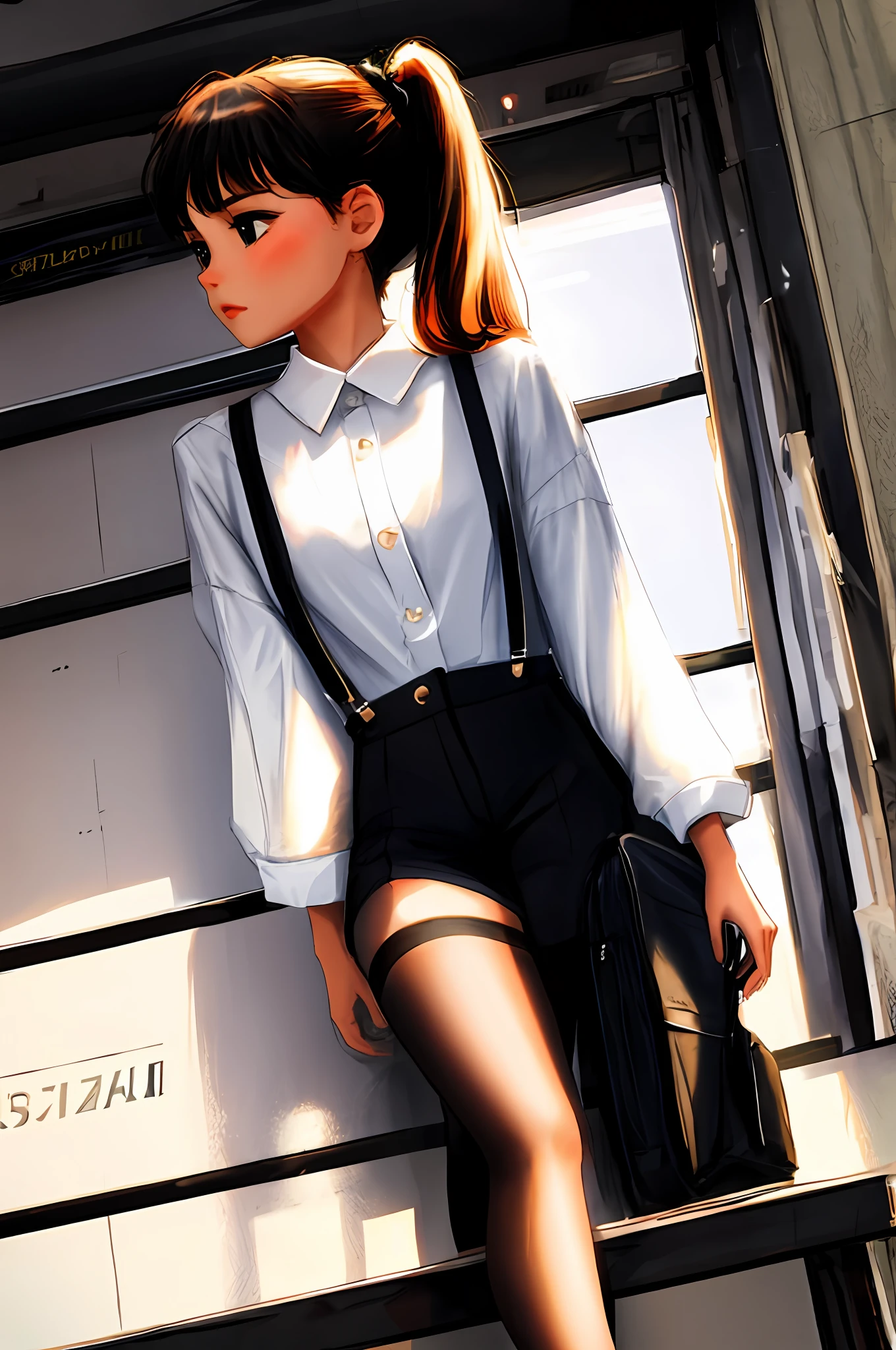 4K，s girl，Black double ponytail hair，black suspenders stockings，Clothing indentation