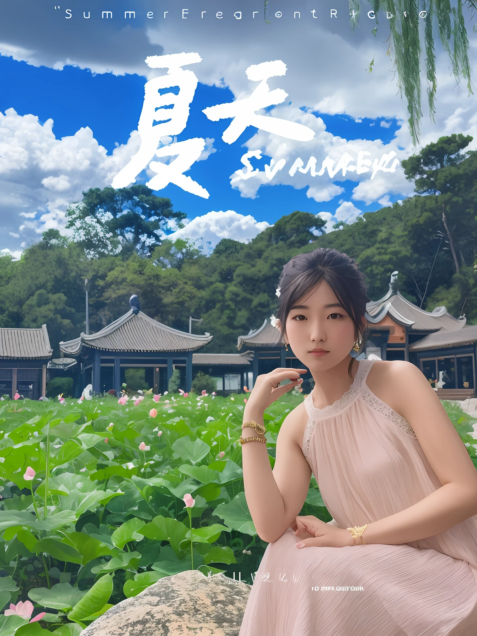 Image of Alphad sitting on a rock in a garden, Summer, Middle metaverse, poster for ; Summer, cover photo portrait of du juan, album covers, Official artwork, Li Zixin, inspired by Ma Yuanyu, Chiba Yuda, in summer, album covers, lei min