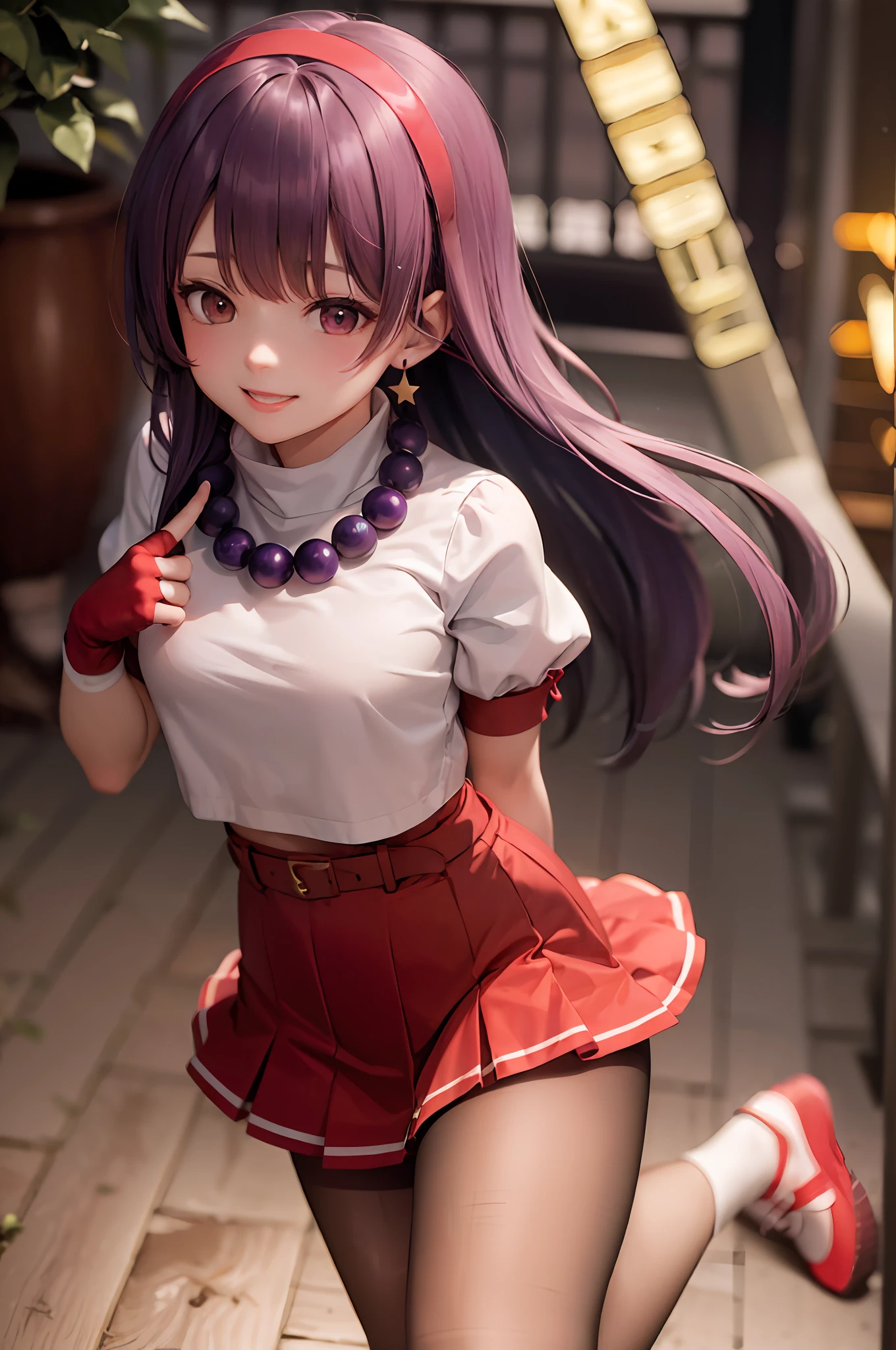 (masterpiece), (best quality), (ultra-detailed), intricate detail, athena97, 1girl, solo, purple eyes, purple hair, long hair, white earrings, red hairband, star hair ornament, medium breats, red vest, white turtleneck, white puffy sleeves, short sleeves, red pleated skirt, (deep red pantyhose:1.2), black pantyhose, yellow belt, purple sphere shape necklace, red fingerless gloves, white short socks, red shoes, (outdoors), photography, smile, blush, sunny, nsfw, cowboy shot,