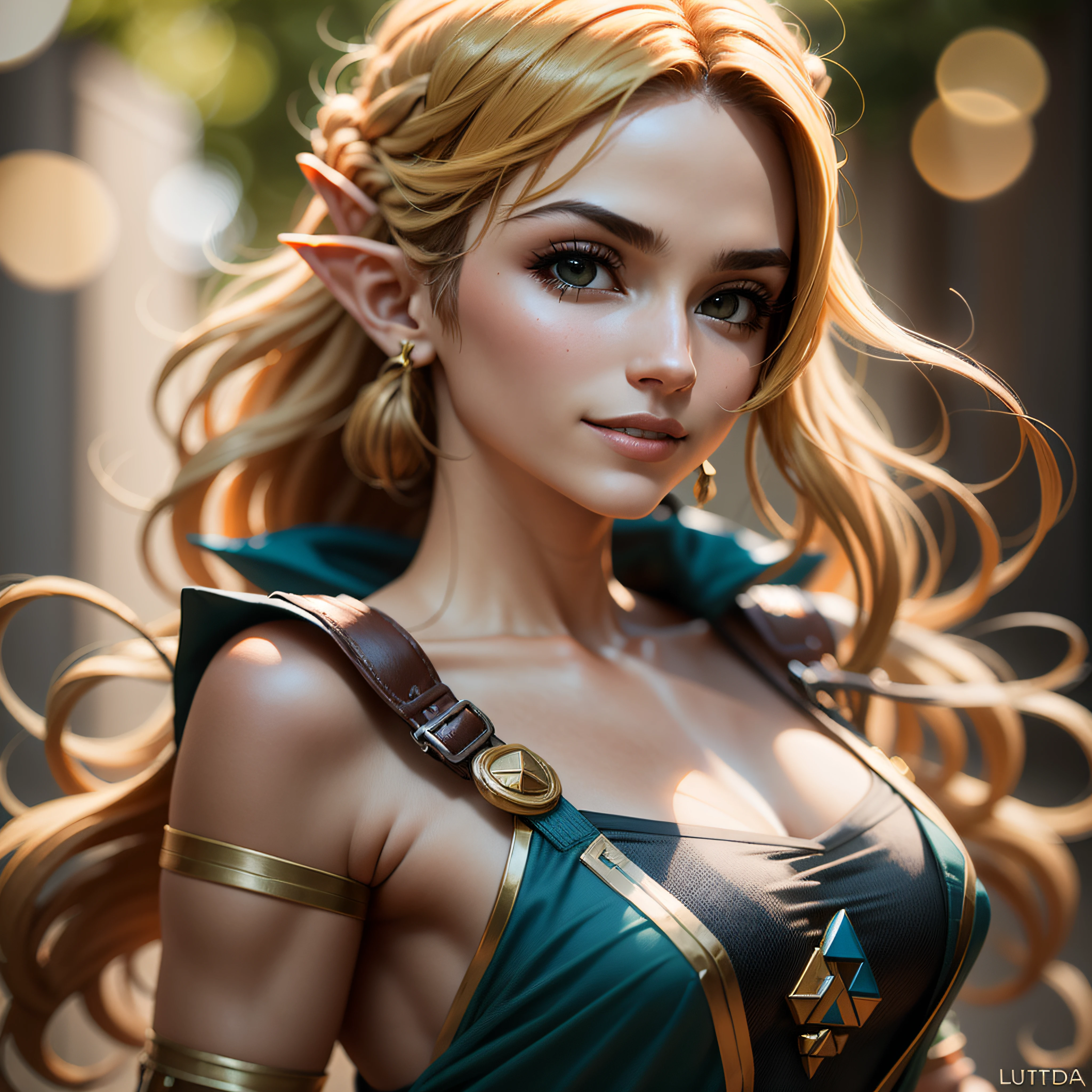 Mulher de cabelos loiros em roupa azul e bege segurando em poses de combate como em street fighter, lutando como em street fighter 2, guerreira, Zelda, Retrato de Zelda, de lenda de Zelda, Link da lenda de Zelda, link do Zelda, Fotos cosplay, Cosplay ornamentado, Cosplay profissional, Cosplay, Cosplay Completo, Artgerm Moody Fotografia, Princesa Zelda, Zelda como Triforce, Hyrule, Anime Garota Cosplay, ray-traced, 3d-render, extremanente detalhado, alta qualidade, Luz e sombra realistas, cabelos loiros, eye reflection, Sorriso leve, ray tracing, ray tracing, High detail, realismo, hiper-realismo, profundidade de campo, cinematic lighting, desfoque de movimento, brilho, luz brilhante, raios de deus, ray tracing, reflection light, Afterimage, multiple views, Reflexo da lente, Bokeh, 4k, UHD, Masterpiece, anatomicamente correto, pele texturizada, Super Detalhe, alta qualidade, best quality, 8k