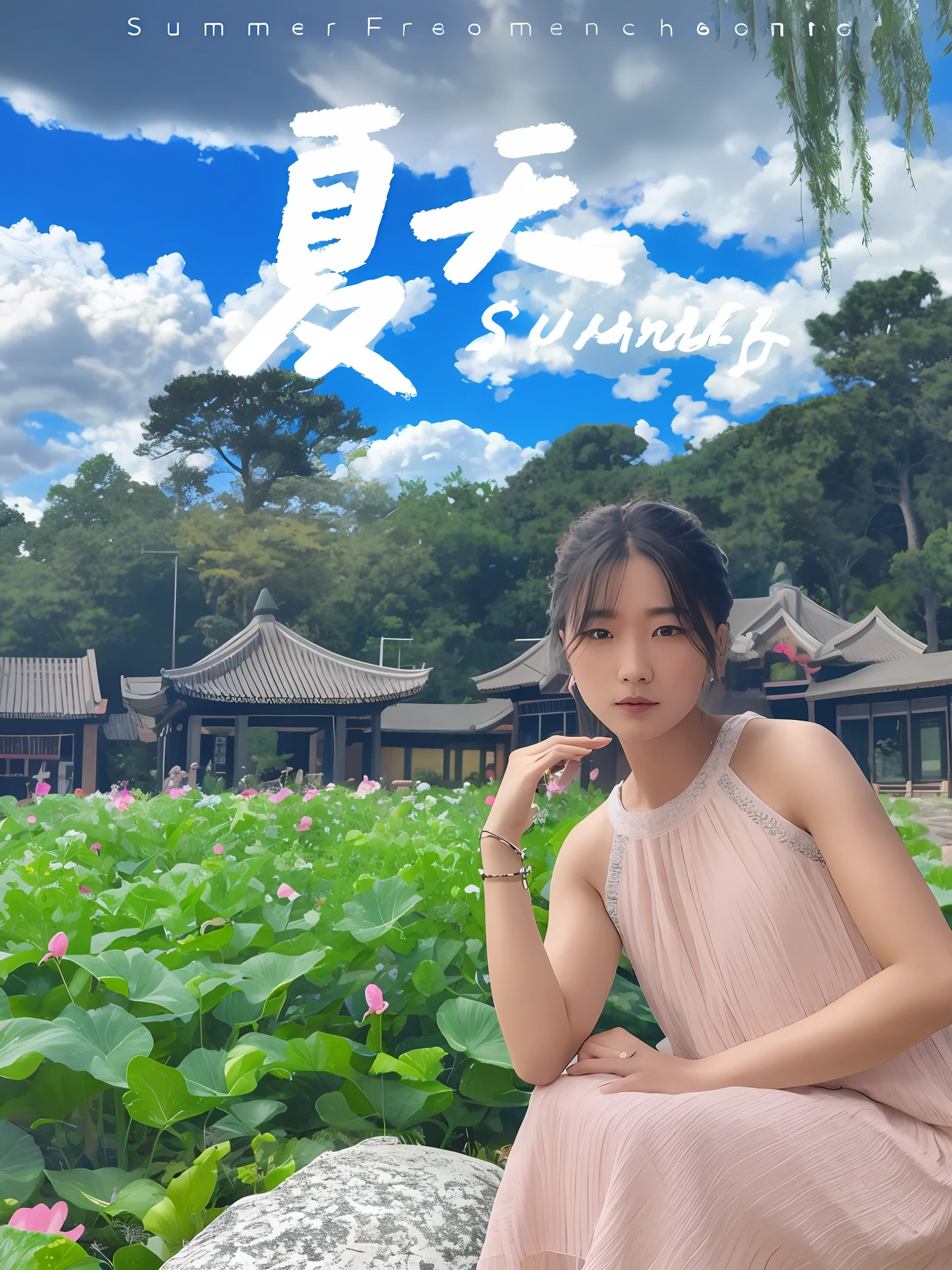 Image of Alphad sitting on a rock in a garden, Summer, Middle metaverse, poster for ; Summer, cover photo portrait of du juan, album covers, Official artwork, Li Zixin, inspired by Ma Yuanyu, Chiba Yuda, in summer, album covers, lei min