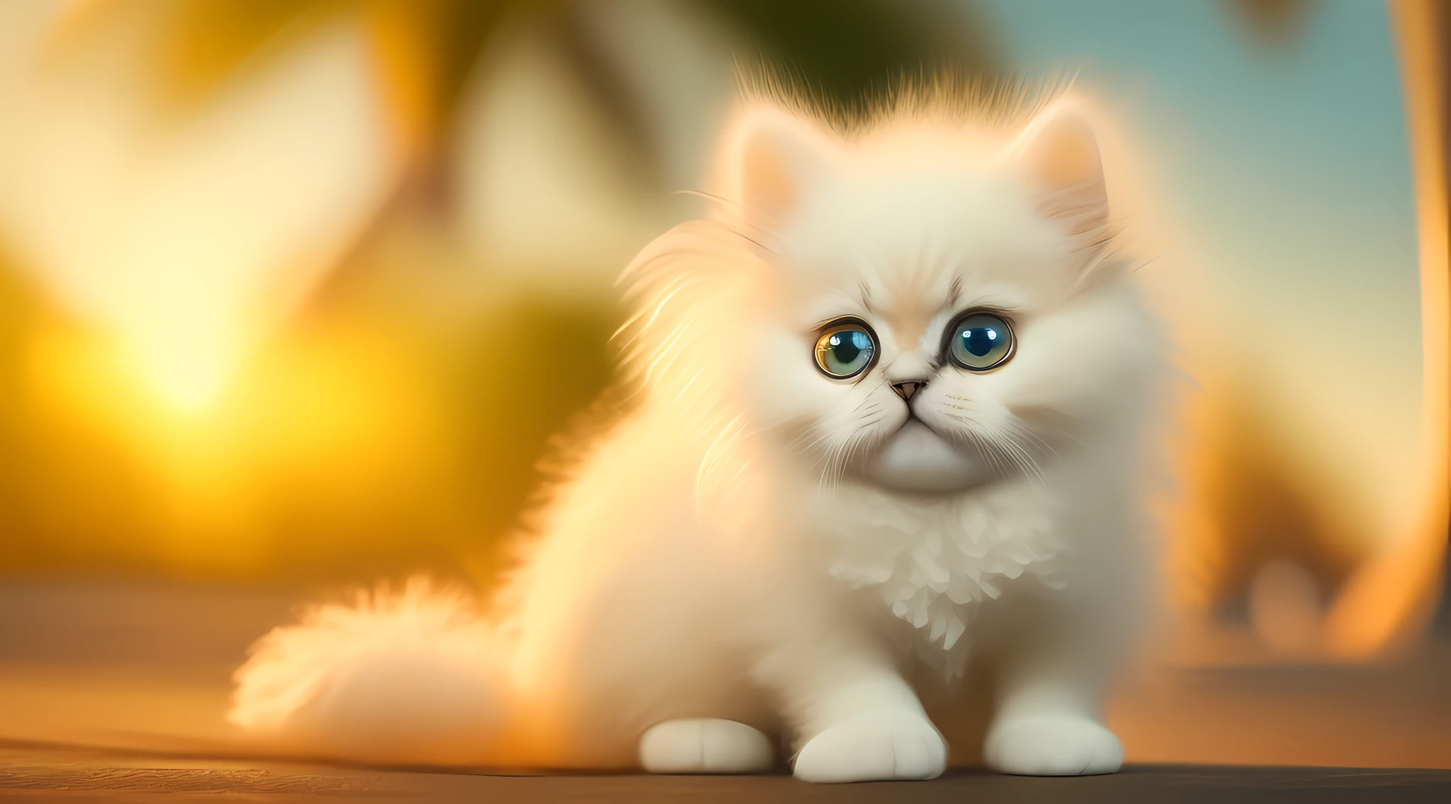 Very cute fluffy white tropical punk kitten, professional lighting, depth of field 8k, golden magic hour, professional photography, octane rendering, ultra realistic - amazing sunlight, dynamic composition, photography, sharp focus, bokeh