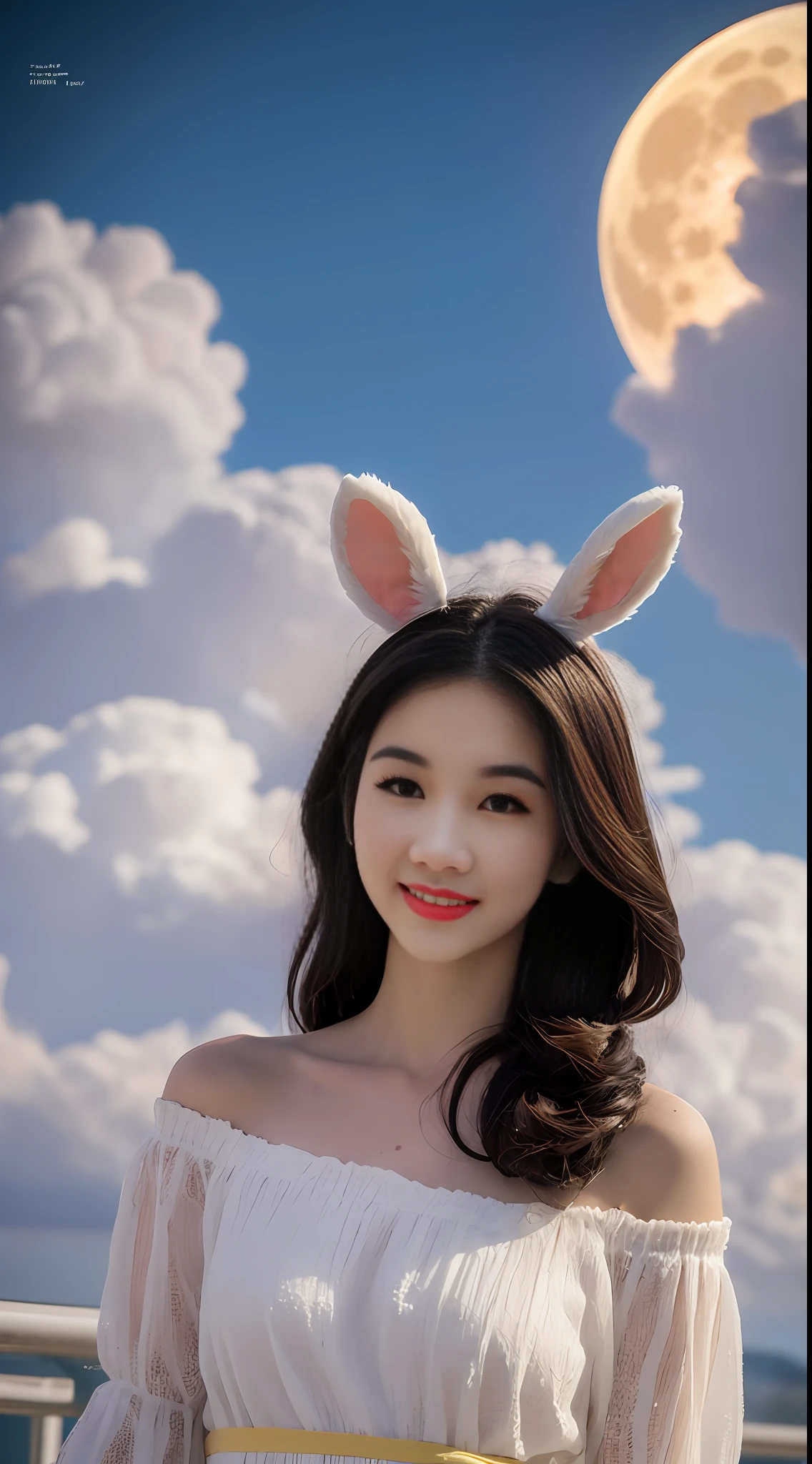 1girll, Smile, light in face,A bunny girl, (Bunny ears:0.8), Hanfu, Off_Shoulder, Dancing, Long_Shot, (Clouds, Chinese White_Temp, super moon), moon landing, Hyperrealistic,4K,Photography,magazine photoshoot,hyper-high detail, (Abstract art:1.4), Professional lighting, 巨作, Best quality, 超高分辨率, Beautiful, Long_Hair, Disheveled hair,Hanfu,(Chinese Mike_White theme), (Clouds, Wind, full moon, Flowers), moon landing, (full body:0.8) Moyou,Hanfu,Moyou