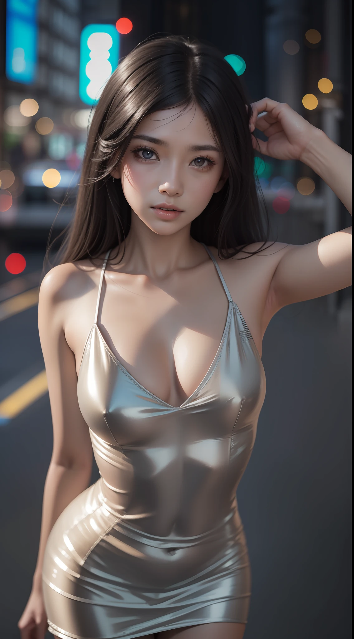 Beautiful young asian girl, 15 ano, melhor qualidade, ultra high-resolution, (fotorrealista: 1.4), outono, rua, sneaker, Tiny dress v deep, ombros nus, meias, calcinha, corpo perfeito, seios pequenos, mamilos, (Cabelos longos grisalhos:1), ((olhos inchados)), Feliz, Agora mesmo, corpo inteiro, cabelo loiro, pele detalhada, pele clara