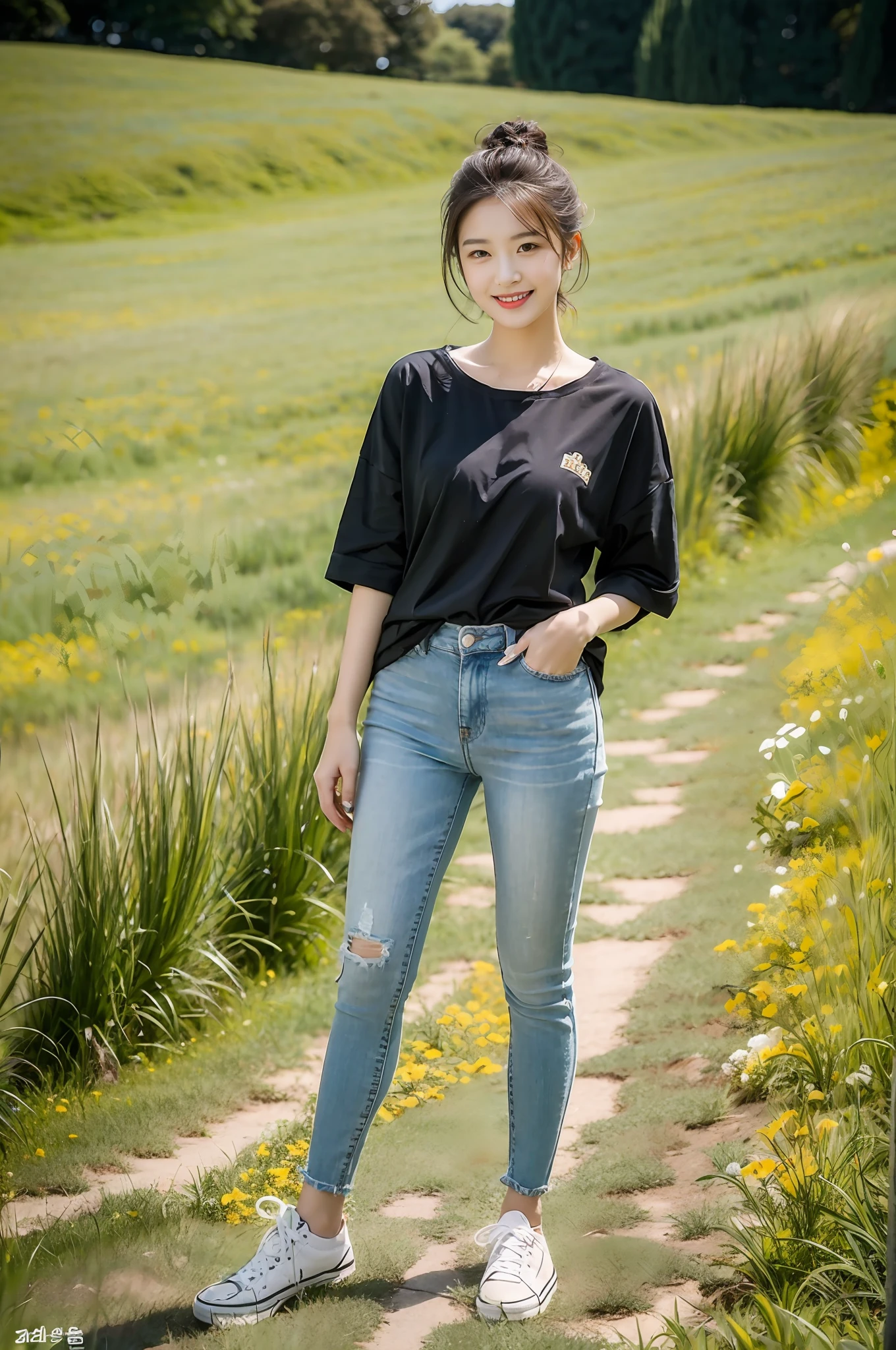 (best qualtiy:1.4),Complicated details,20 years old Korean girl,Wear a loose black T-shirt and skinny jeans,Stand on the grass and take pictures,Detailed meadow,A sweet smile on a small face,Ultra-realistic facial details,Playful and coquettish pose,The calves are straight and slender:1.2,Wear high-end branded colored canvas shoes:1.0,fully body photo:1.8
