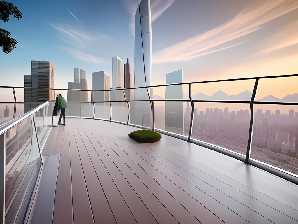 , walking on top of a tiny city, standing on the roof of a skyscrapper, overlooking a modern city, super wide view of a cityscape, Very high field of view, looks down at the view, shenzhen, perspective wide angle view, Observation deck, elegant walkways between towers, with the city as the background