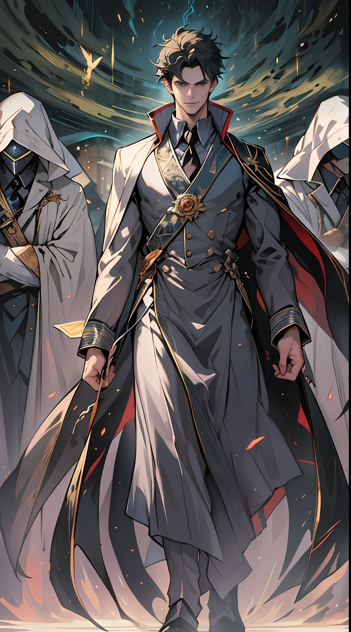 A young and handsome man stands in the center of the scene,Four phantoms appeared behind him,Each phantom represents a heroic spirit。The man raised his arms,Unfold your body,Exudes powerful energy fluctuations。Everyone looked at him in surprise,The gaze was attracted by these four heroic shadows。