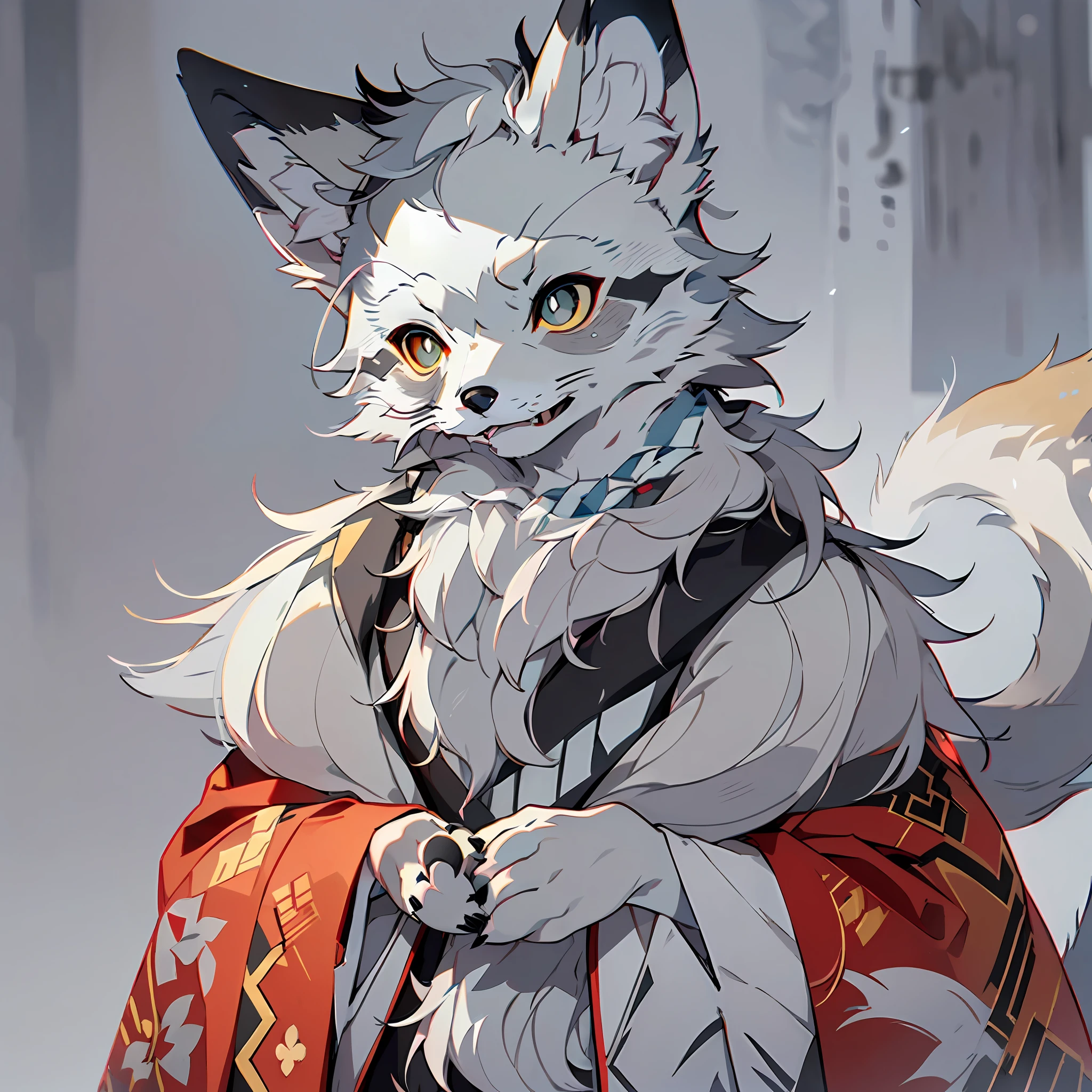 (Best picture quality),,(tmasterpiece),,(((solo person))),(ultra - detailed),(Male Arctic fox:1.5), (Light gray skin:1.3), (pale gray fur:1.3),((Golden pupils)),Red eyeliner, ((Canine paws)), ((Gray paws)),(grey ears),Sharp focus,(The furry feeling of animal ears),((Traditional Chinese robes)),Gorgeous headdress,Detailed characters,detailedbackground