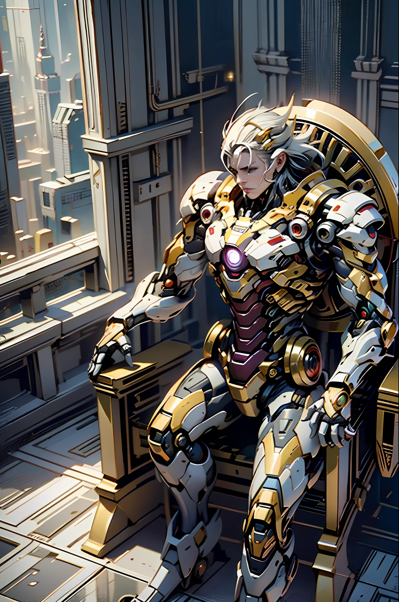 Cyberpunk style mecha Marvel Movie Iron Man Saint Superior iron man sitting on throne, ancient technology, ancient legends, white hair (white stockings: 1.5) (Throne: 1.4), sword, (mecha God of War), Egyptian style, (Saint Seiya: 1.7), Taoist symbols, (dragon pattern: 1.6), (gold thread: 1.5) ultra-realistic, Boca effect, shot in the style of David La Chapelle, bioluminescent palette: lilac, pale gold, bright white, ultra-fine, cinematic still life, vibrancy, Unrealistic engine style,  highest image quality 16K, inspired by Harry Winston, shot on Canon EOS R 6, masterpiece, --Chaos 50, gray hair, crown, mole under the eyes, gitchham, wide angle, canon, from above, projection illustration, ray tracing, surrealism, textured skin --s2