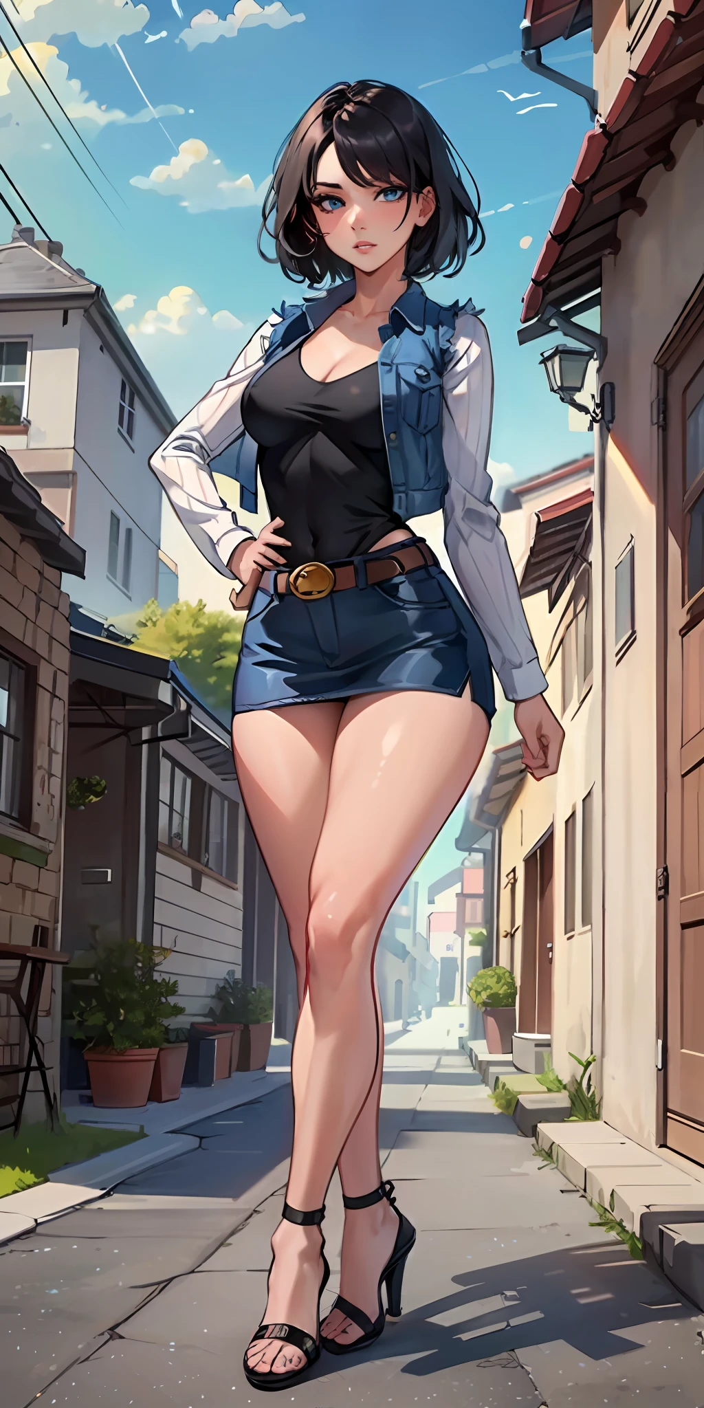 Unbeatable masterpiece,Ultra-realistic 8k CG,Perfect artwork,(1girll:1.1),独奏,((Perfect female image)),(NSFW),looking at viewert,a mature female,Bimbo(Android18)standing on your feet,(teasing),best qualtiy:1.1,tempting pose,a sexy pose,Tempting,(big breasts beautiful),(curves),(bushy),(eBlue eyes:1.2),short detailed hair,耳Nipple Ring,jewely,denim vest,Open the vest,black pantyhoses,black shirt,Denim skirt,Striped long sleeves, blue skirts, Toned legs, suits, (Abs:1.1), (big assa:1.4), Peach butt, (atheletic body:1.2), (Large breasts:1.3, (big_breasts:1.1), wide_hips:1.5, a narrow waist, Small waist:1.5, slender body:1.2, thick thight:1.3), (shiny skins:1.2), (HDR), (the street:1.2),