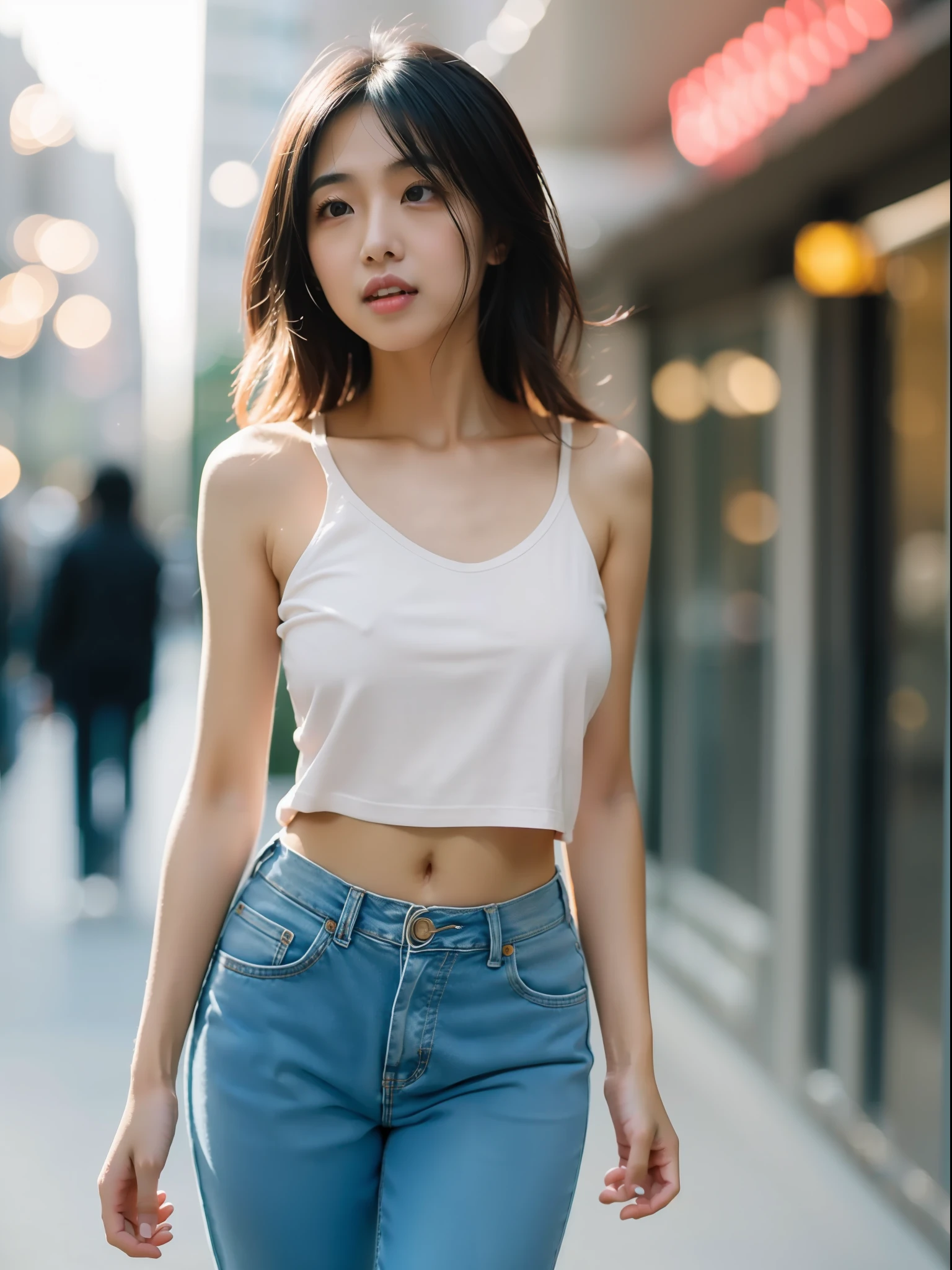 (younger female, Asian people, White Skin Skin, prettyeyes, Thin lips, longblackhair, denim pant, tee shirt, The shoulder exposes the collarbone, Graceful long neck, Slim body, Bumpy figure, Wavy hairstyles:1.2), corner, Narrow circuit, neonlight, Bright colors, relaxed, frolicking, Extend your body towards the sun, mall, Background bokeh, Clear and bright, Pink and tender breath.