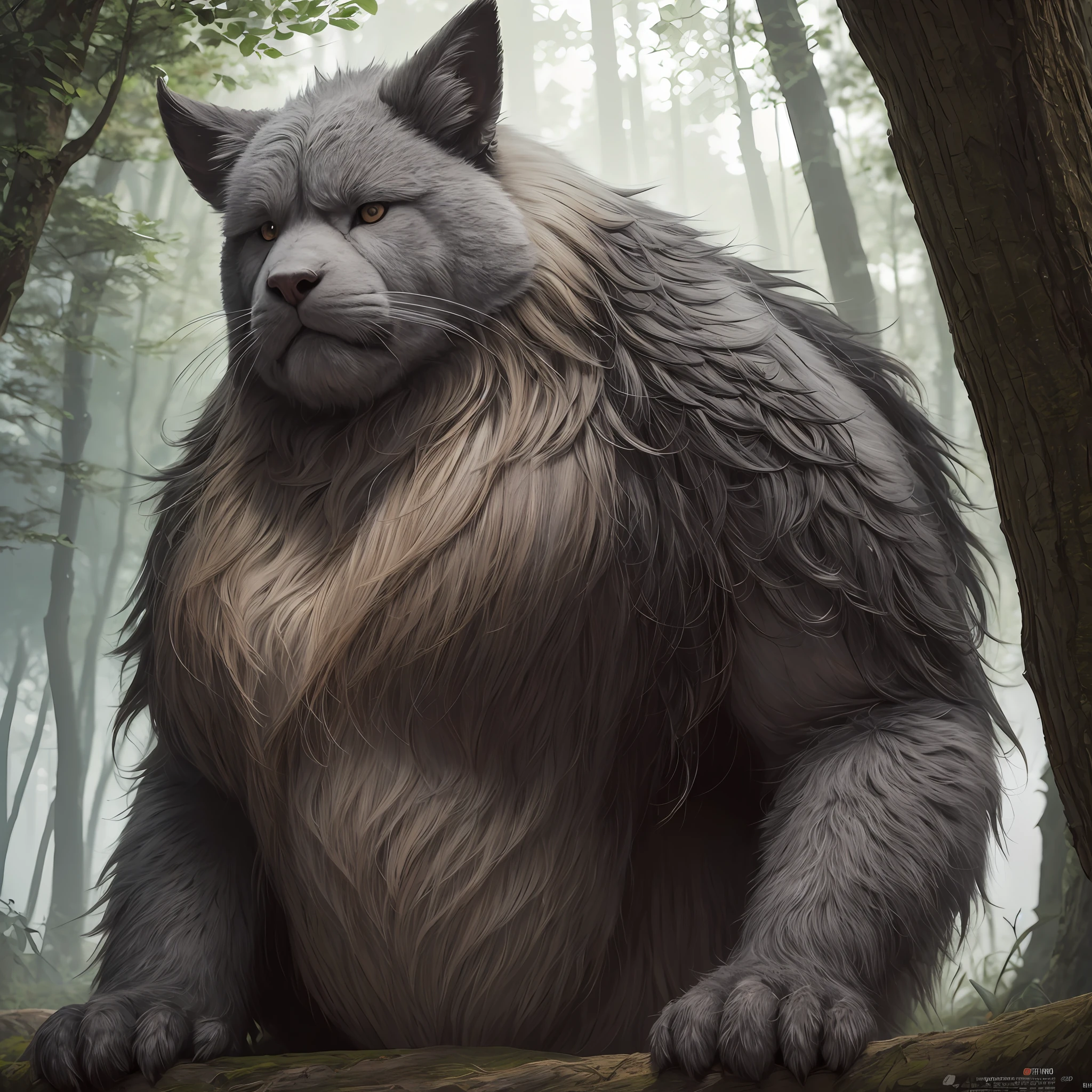 fentezi, Computer-generated image, Totoro + Forest Keeper, A large shaggy gray creature, Great, A thick gray creature, 独奏, The whole body is made of metal, (A cyborg:1.1), ([tail | Detailed wire]:1.3), (intricate detials), HDR, (intricate detials, hyper-detailing:1.2), cinematic still, vignette, in the center, “Hyper-realistic textures," "Exact Details,” “Realistic still life,” “Realistic portraits,” “Realistic landscapes.“Hyper-realistic textures," "Exact Details,” “Realistic still life,” “Realistic portraits,” “Realistic landscapes."