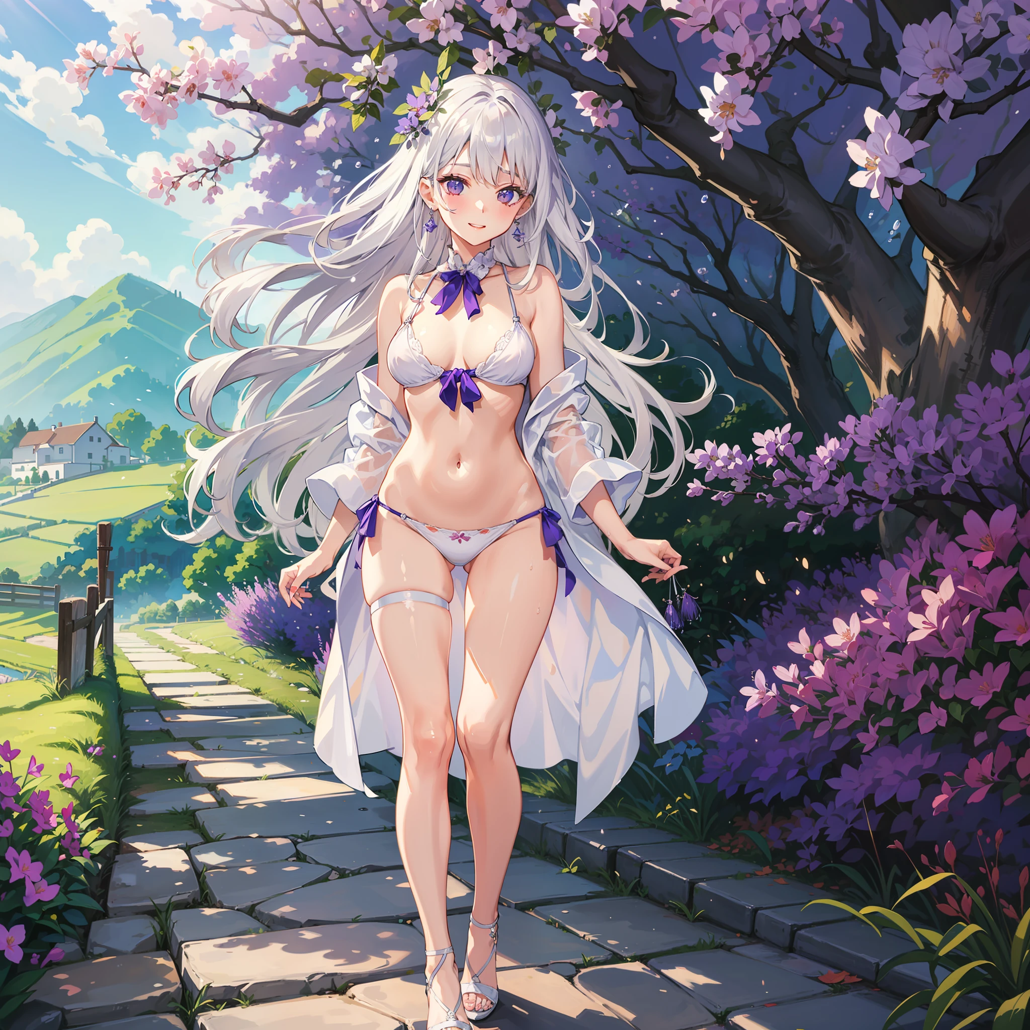 Fresh and natural painting style，Beautiful woman with long silver-white hair(36E)wearing a white bikini，Wear silver earrings and a hair card，Long leg tie leg rings，Step on high heels，Walk through the lavender countryside of Provence。Beautiful view of violet blossoms，The sun shines on the body and smiles，Fresh and fragrant，Close-up of wet body。