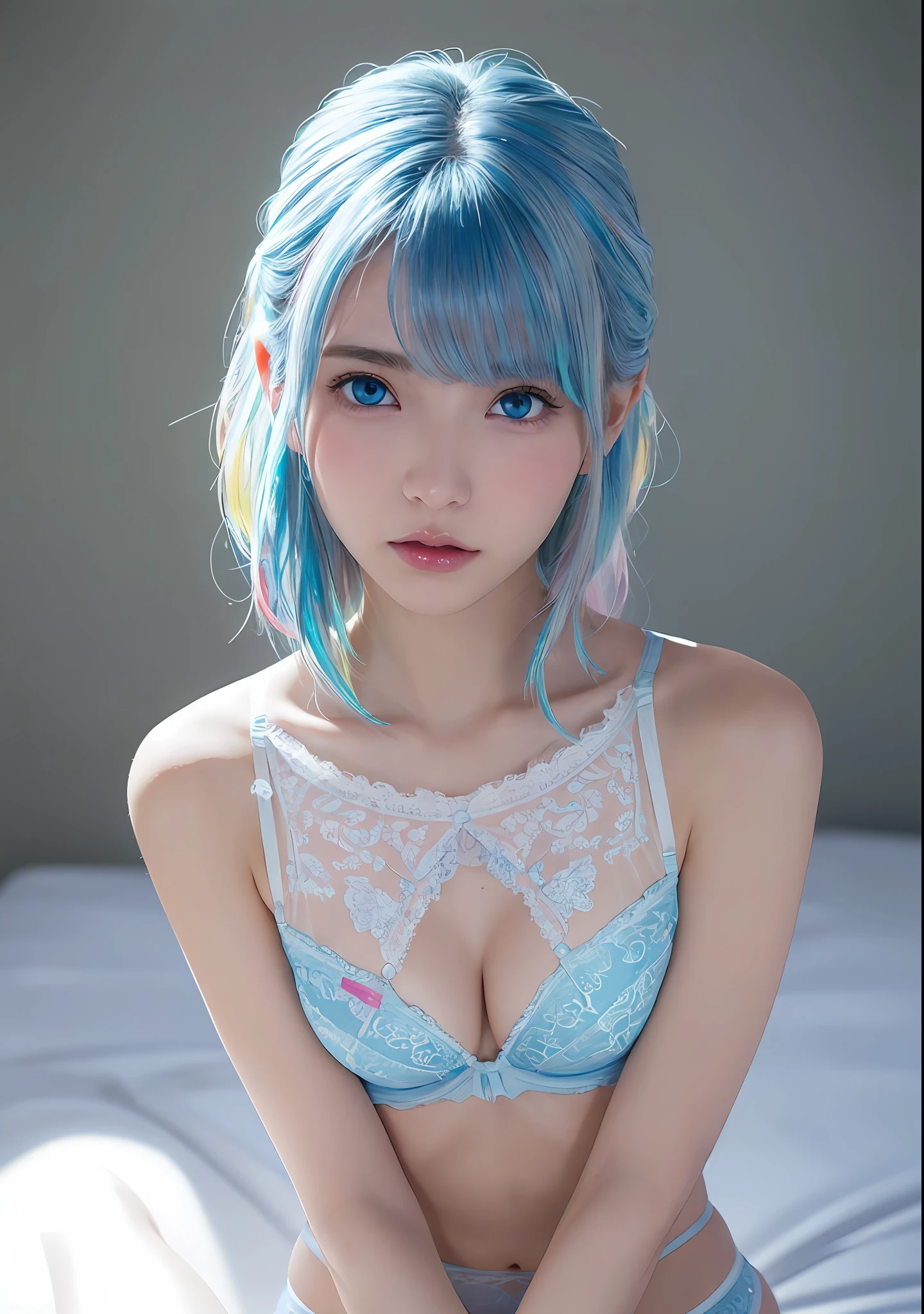 8K、top-quality, 超A high resolution, portrait of a full body, Amazing beauty, beautiful and delicate face, Big beautiful eyes, Simple and exciting underwear, highly detailed back ground, Very realistic skin,、translucent、(Camel toe)、((Amalfi Coast))、see -through、Very translucent underwear、Oriental features、(No bra)、((witheout panties))、Shaved、Skin seen through the fabric、Small and racy underwear、Blue Eye、(Bright blue eyes)、(Seductive open legs pose)、16 only、Beautiful side of the slippery、Aura with a sense of transparency、Perfect Style、(White lace underwear)、Very thin underwear、((Hair with colored mesh:1.2))、(Colorful colored hair:1.3)、cute little、((Very small sheer underwear))