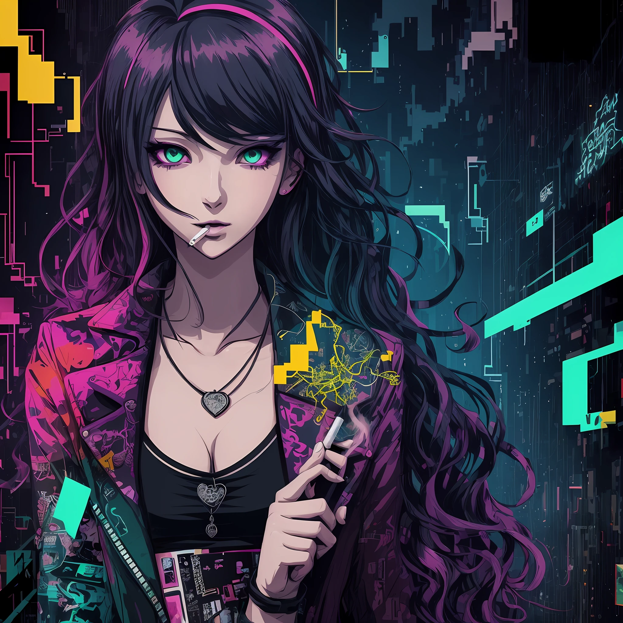 brightly colored drawing of a woman with a cigarette in her mouth, glitchpunk girl, with glitch and scribble effects, noisy and glitched, [ digital art ]!!, digital art from danganronpa, glitchart, inspired by Yanagawa Nobusada, psychedelic manga, digital manga art, glitchpunk, digital art - n 5 --auto