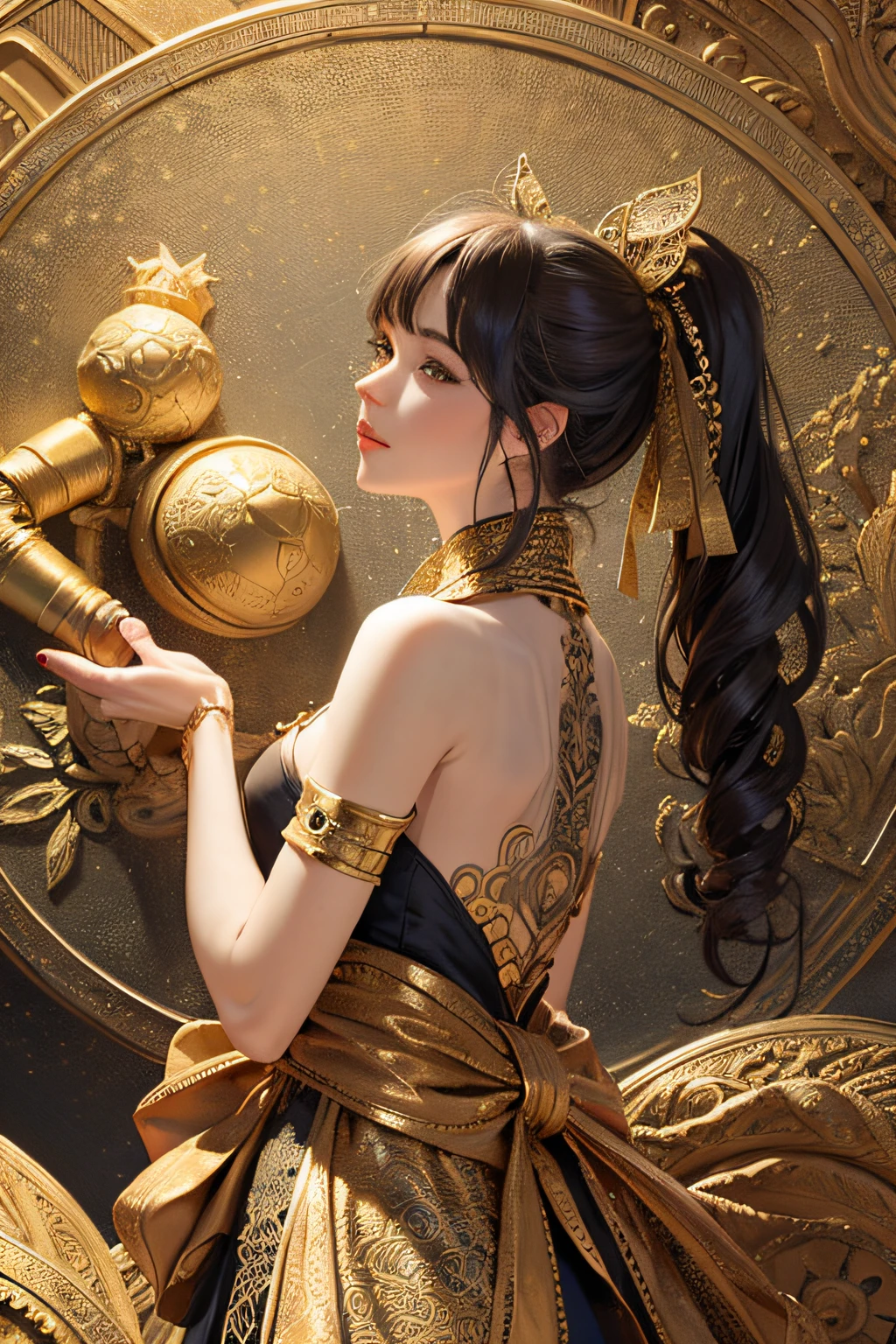(masterpiece, top quality, best quality, official art, beautiful and aesthetic:1.2), (1girl), extreme detailed,colorful,highest detailed, official art, unity 8k wallpaper, ultra detailed, beautiful and aesthetic, beautiful, masterpiece, best quality, (zentangle, mandala, tangle, entangle) ,holy light,gold foil,gold leaf art,glitter drawing, PerfectNwsjMajic
