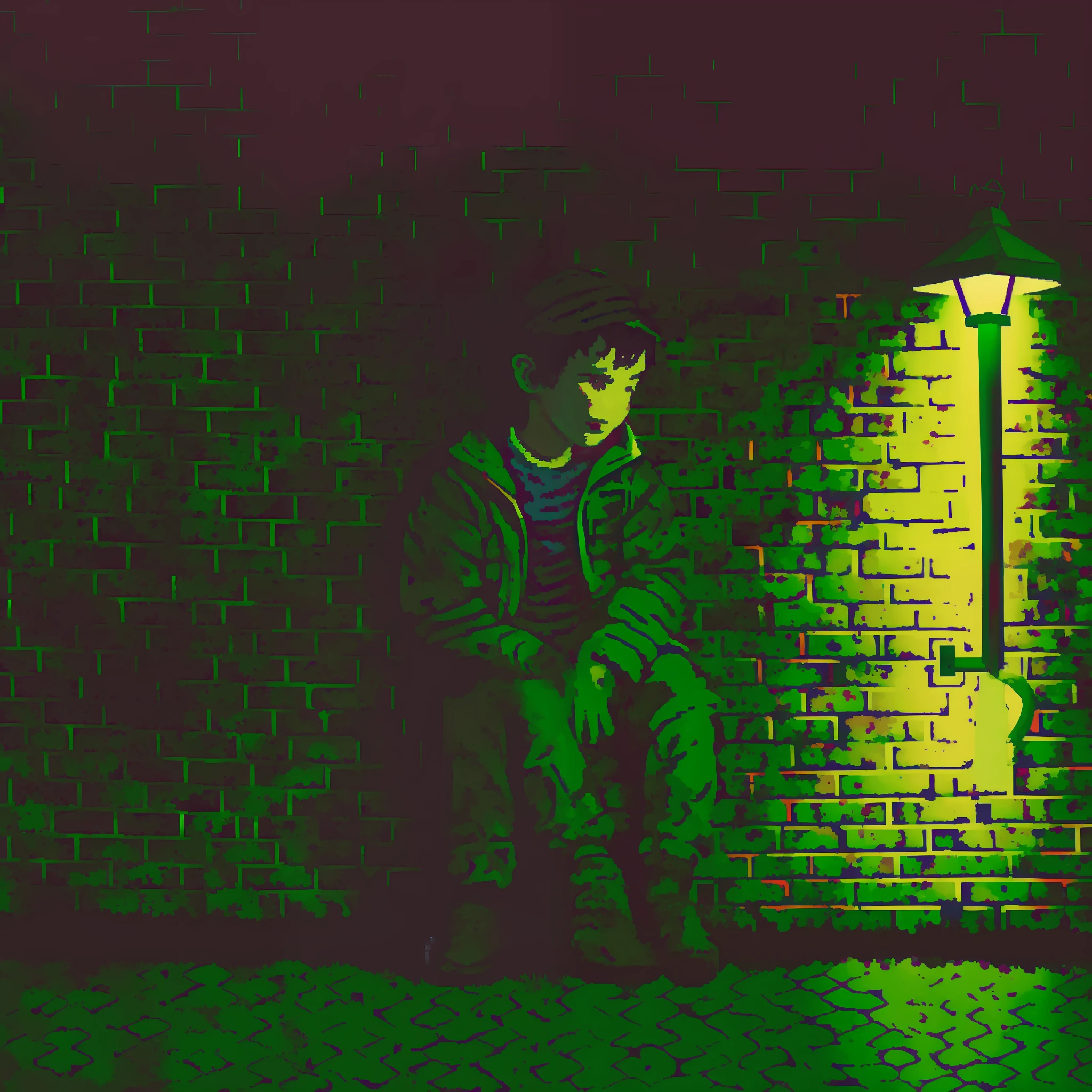 A boy wearing a black zippered jacket is sitting on a concrete wall on a downtown street on a very dark night, but lit by streetlights.