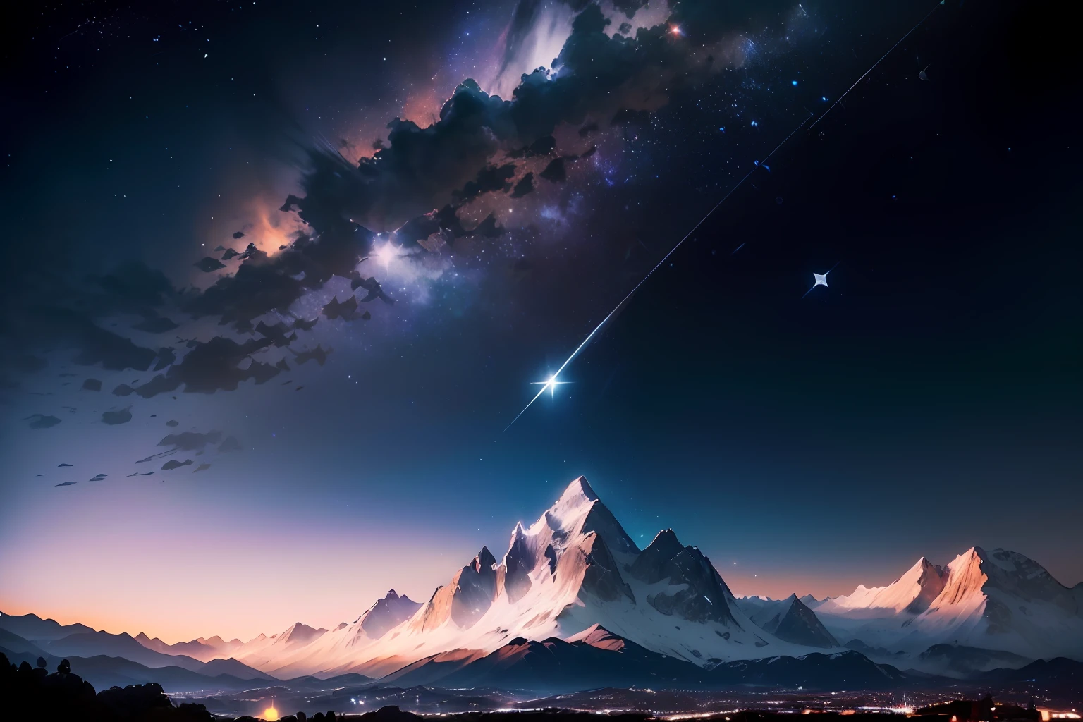 obra maestra, Mejor calidad de imagen, alta calidad, Beautiful, (CIELO ESTRELLADO EN TONOS MORADOS Y AZULES, CON ESTRELLAS PLATEADAS Y BRILLANTES, VISTA DEL HORIZONTE, SILHOUETTES OF MOUNTAINS BEHIND) ((( A LARGE SILVER FOUR-POINTED STAR THAT SHINES BRIGHTER THAN THE REST )))