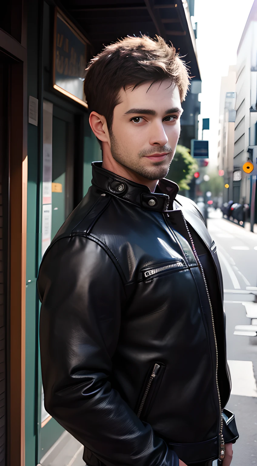 ((Man only)), (cowboy shot), (handsome muscular man in his 30s), handsome muscular man in black leather jackets, he resembles Chris Redfield from Resident Evil, Mischievous smile, (detaile: 1 in 1), Natural muscles, HIG quality, beautidful eyes, (Detailed face and eyes), (Face、: 1 / 2), Noise, Real Photographics、... .........................................................PSD, Sharp Focus, High resolution 8K, realisitic & Professional Photography, 8K UHD, Soft lighting, High quality, Film grain, FujifilmXT3