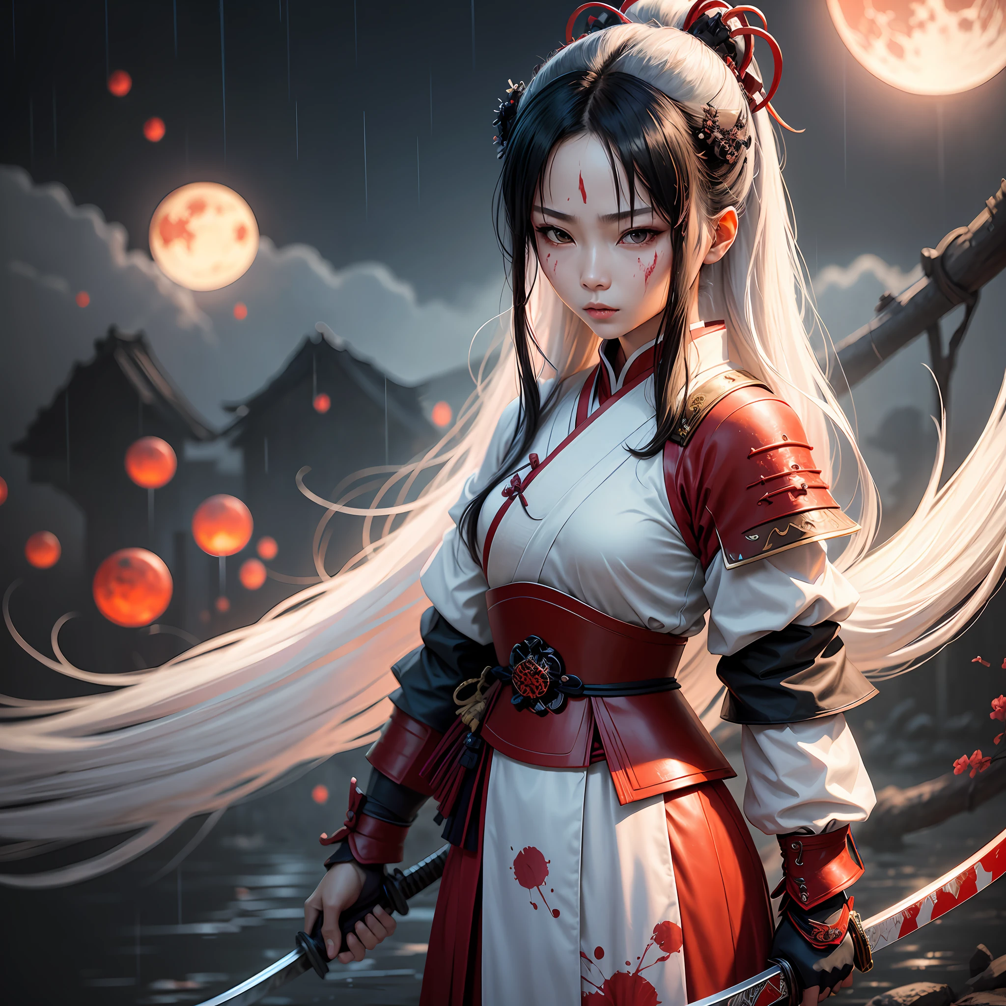 A samurai，woman samurai，1，A female samurai armed with a katana slashes enemies，katana swords，Under the red moon，tmasterpiece，ultraclear，The female warrior was covered in knife wounds all over her body，The female warrior was covered in blood，（torn laundry：1.5），Real rain，Blood，（Fidelity 1.4），Wet hair，超高分辨率，Best picture quality，long whitr hair，on cheongsam，White hair.. --auto