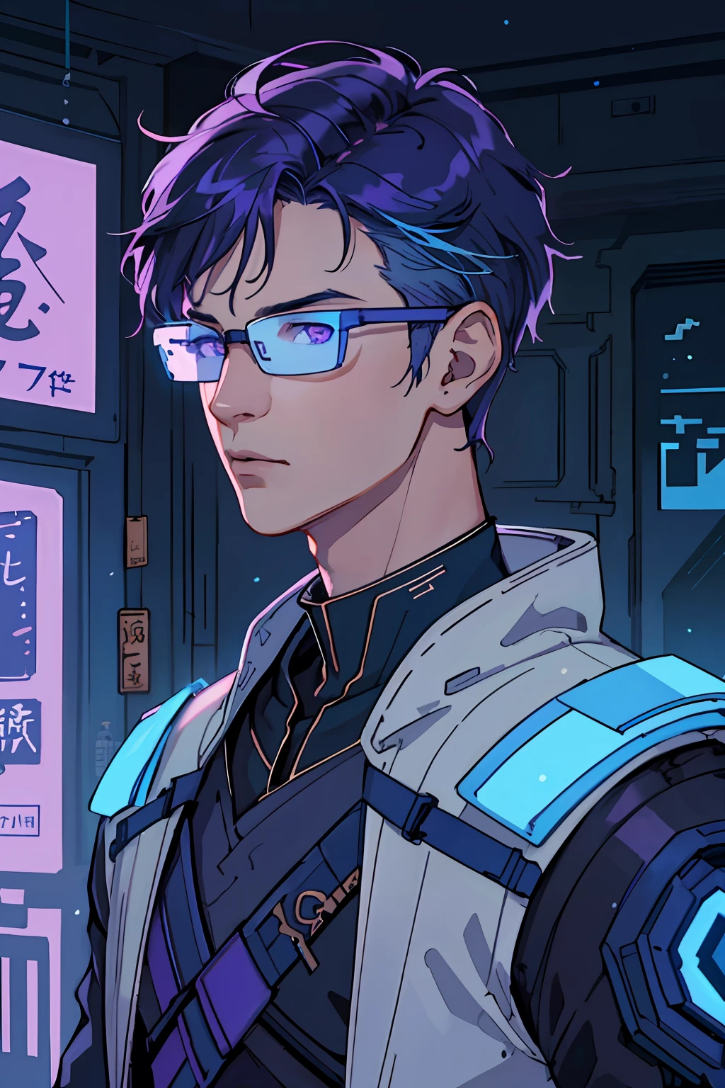 Antonio Moro, masterful, (1 male), (Half-body), tall young man, Skinny guy, ((male focus)), Guy, Short blue hair, disheveled hairstyle, Glasses Virtual Antennas, Glowing shades of purple and blue, pale skin tone, Spark's bright gray eyes, Particles, ciberpunk, Future Man, olhando_at_Viewer, Reinforced purple suit, The device of small time on the wrist, 独奏, Standing, symmetric eyes, Subtle eyeshadow, Detailed face and eyes, dinamic lighting, Cinematic lighting, voluminous lighting, extra high resolution, ciberpunk, The city of the future with bright neon lights, Cybernetic landscape, style of: ModelShooting, (Extremely detailed CG unity 8k wallpapers), professional majestic oil painting by Ed Blinkey, Etty Gailan, Studio Ghibli, by Jeremy Mann, Greg Manchess, Trending on Artstuion, trending on CGsociety, Intricate, high detail, sharp-focus, dramatic, Photorealistic painting of Midjourney and Greg Rutkowski.