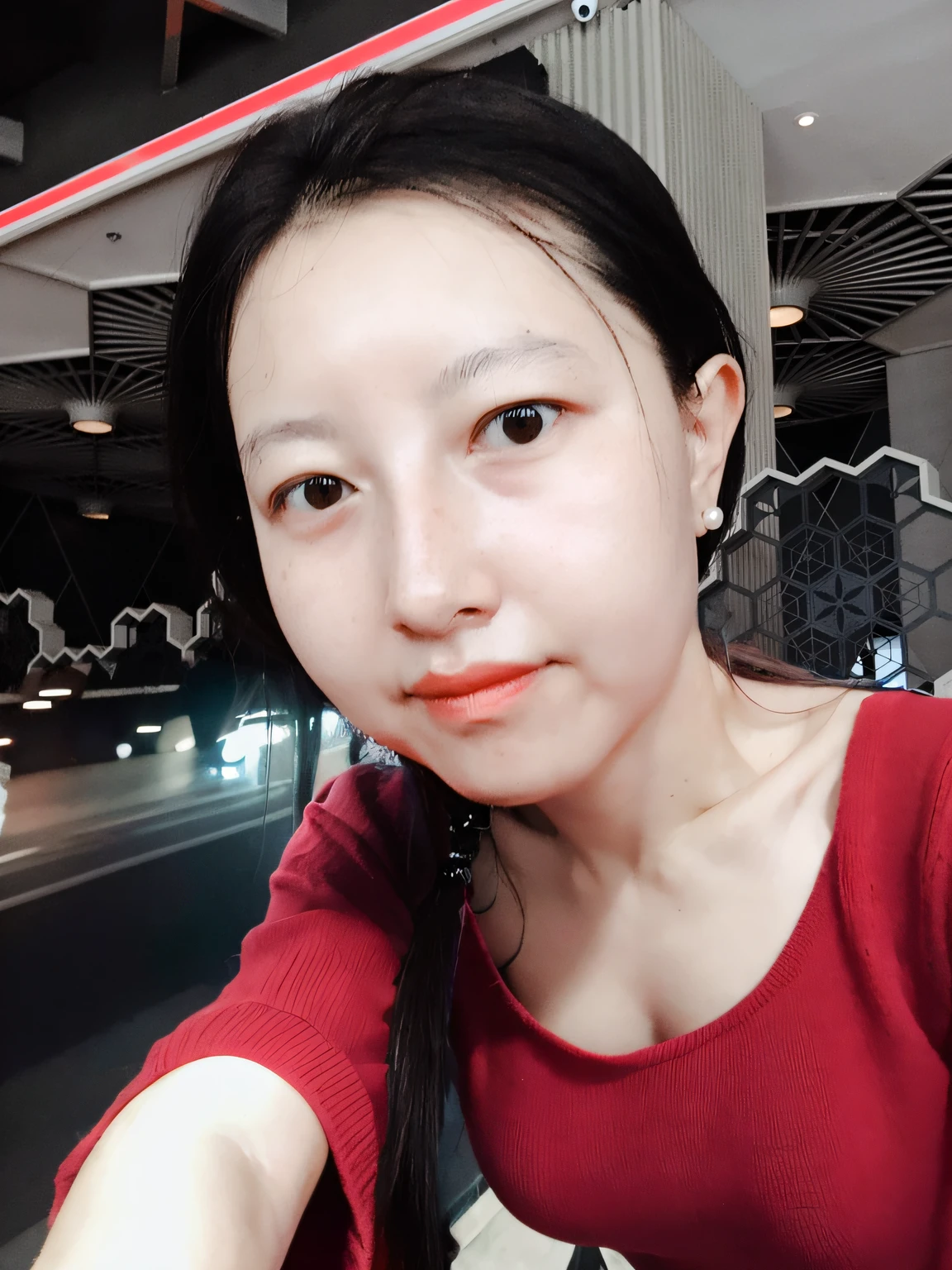 ((Best Picture Quality, 8k, tmasterpiece:1.3)), 1girl, Beautiful woman with slender abs:1.3, (Casual hairstyle, No leakage of big breasts:1.2), red dress:1.1,