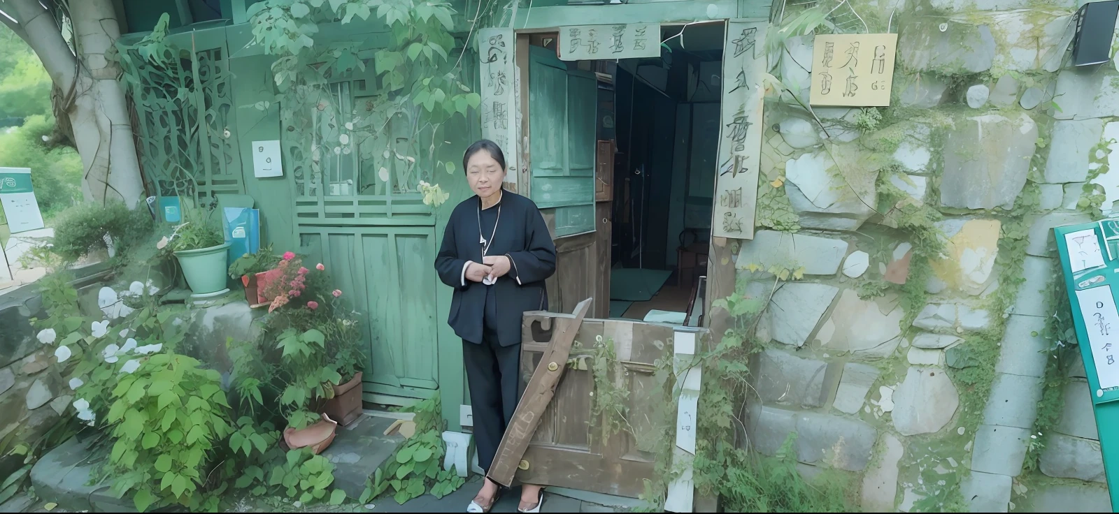 arafed woman standing outside of a stone building with a green door, he is about 8 0 years old, taoist, he is about 7 0 years old, he is about 6 0 years old, he is about 60 years old, Chiba Yuda, Taoist temples and monks, Handsome man, song nan li