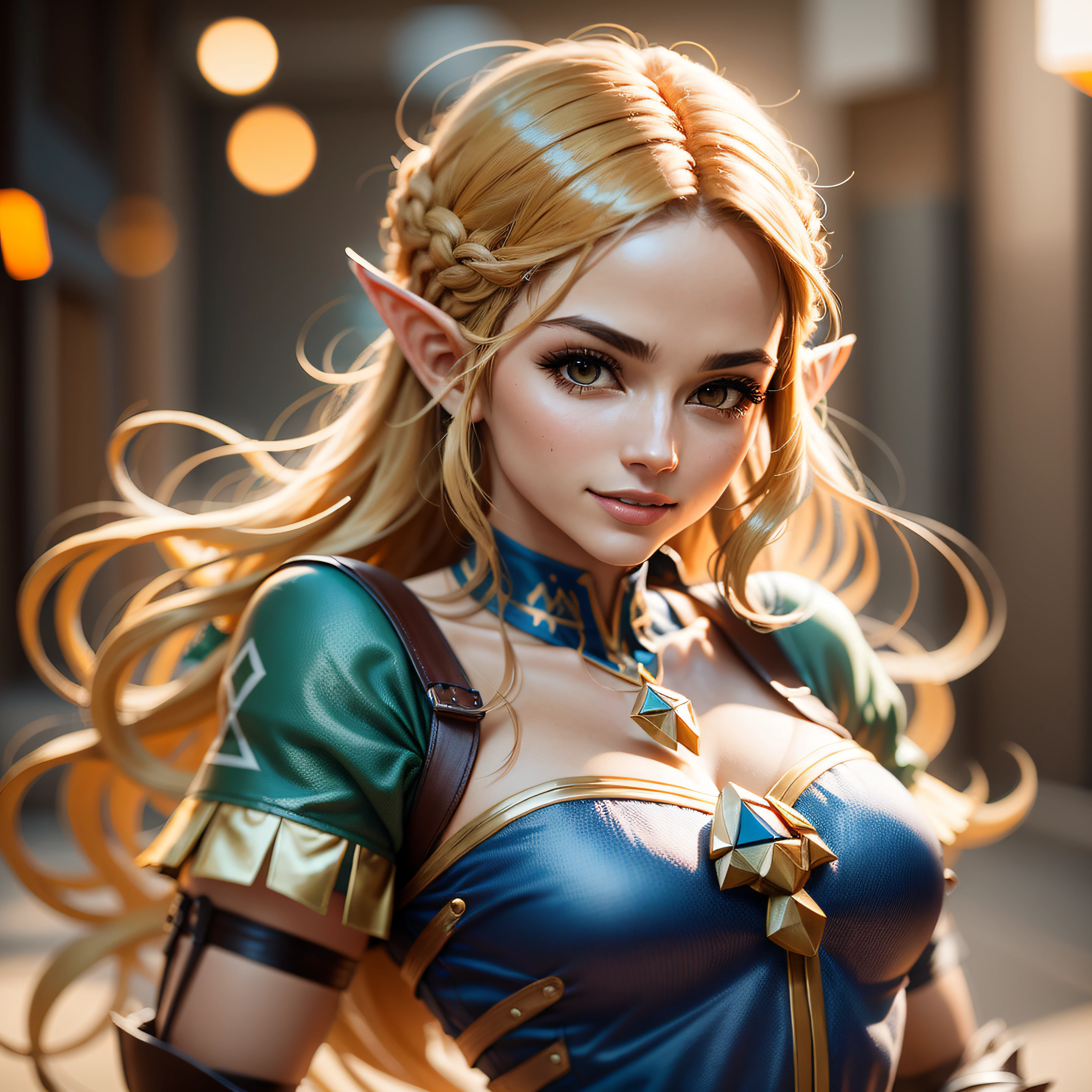 Mulher de cabelos loiros em roupa azul e bege segurando em poses de combate como em street fighter, lutando como em street fighter 2, guerreira, Zelda, Retrato de Zelda, de lenda de Zelda, Link da lenda de Zelda, link do Zelda, Fotos cosplay, Cosplay ornamentado, Cosplay profissional, Cosplay, Cosplay Completo, Artgerm Moody Fotografia, Princesa Zelda, Zelda como Triforce, Hyrule, Anime Garota Cosplay, ray-traced, 3d-render, extremanente detalhado, alta qualidade, Luz e sombra realistas, cabelos loiros, eye reflection, Sorriso leve, ray tracing, ray tracing, High detail, realismo, hiper-realismo, profundidade de campo, cinematic lighting, desfoque de movimento, brilho, luz brilhante, raios de deus, ray tracing, reflection light, Afterimage, multiple views, Reflexo da lente, Bokeh, 4k, UHD, Masterpiece, anatomicamente correto, pele texturizada, Super Detalhe, alta qualidade, best quality, 8k
