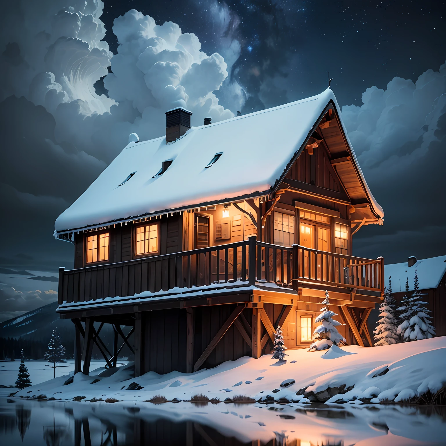 the night，Stars，The snow fell silently，Clouds return to the stars，Wild grass leans on the shore of the lake，Cranes perch on the eaves --auto