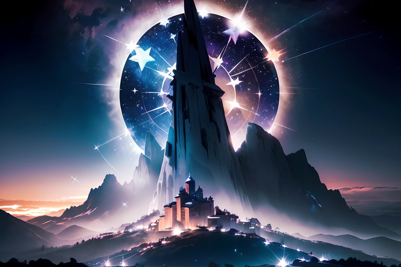 obra maestra, Mejor calidad de imagen, alta calidad, Beautiful, (CIELO ESTRELLADO EN TONOS MORADOS Y AZULES, CON ESTRELLAS PLATEADAS Y BRILLANTES, VISTA DEL HORIZONTE, SILHOUETTES OF MOUNTAINS BEHIND) ((( A LARGE SILVER FOUR-POINTED STAR THAT SHINES BRIGHTER THAN THE REST )))