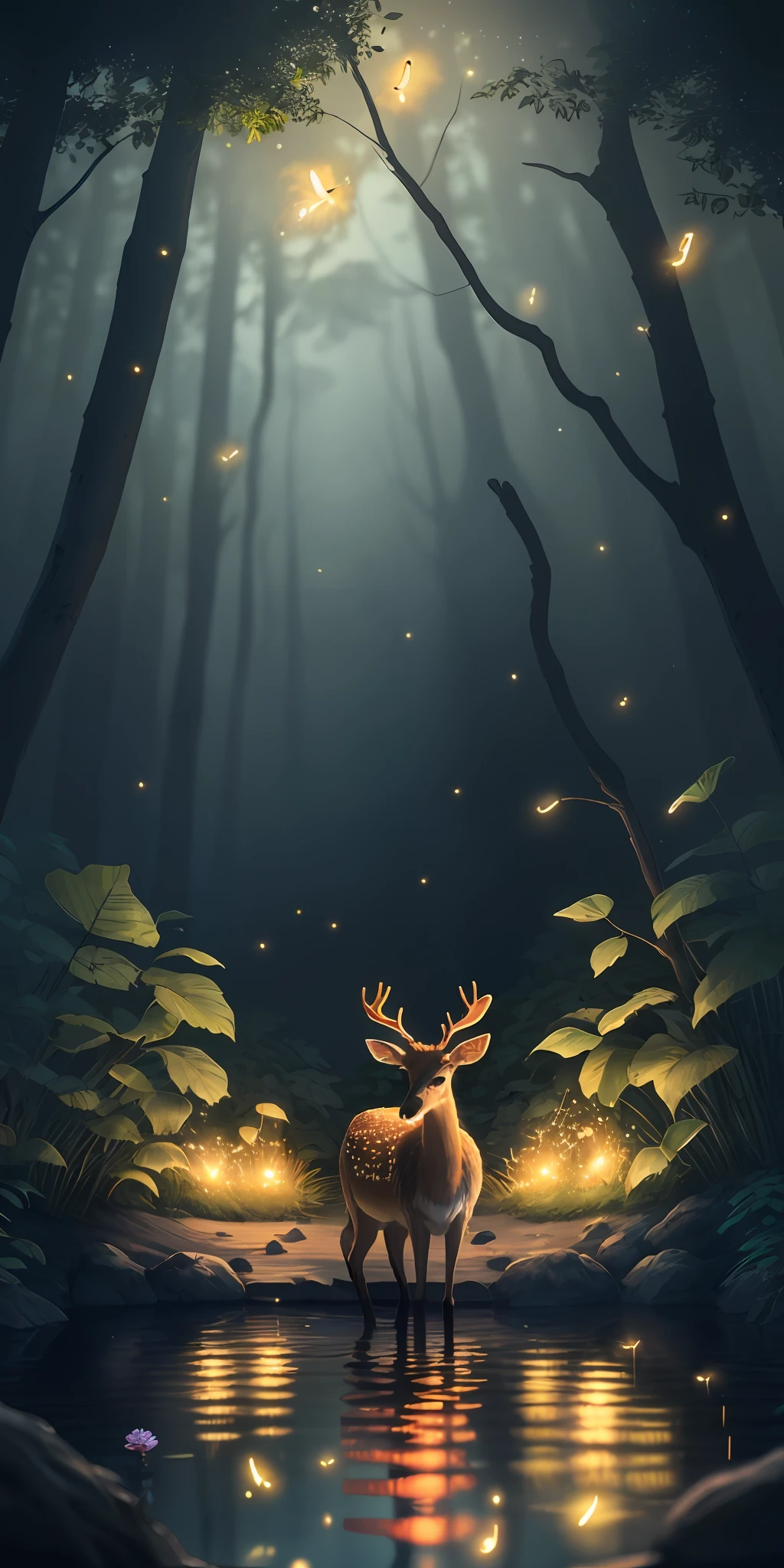 Masterpiece, best quality, (very detailed CG unity 8k wallpaper), (best quality), (best illustration), (best shadows), glow sprite, with a glowing deer, in the swimming pool Drinking water, natural elements in the forest theme. Mysterious forest, beautiful forest, nature, surrounded by flowers, delicate leaves and branches surrounded by fireflies (natural elements), (jungle theme), (leaves), (twigs), (fireflies), (particle effects) etc. 3D , Octane rendering, ray tracing, super detailed
