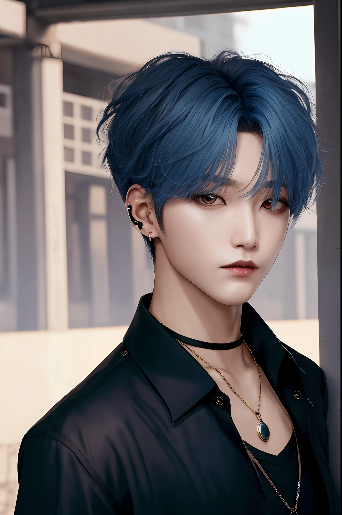 Model photo, icons, At Fed Man with Necklace, inspired by Sim Sa-jeong, androgynous vampire, :9 detailed face: 8, extra detailed face, detailed punk hair, ((Gray)) baggy eyes, Seductive. Highly detailed, semi realistic anime, Vampires, hyperrealistic teen, delicate androgynous prince, imvu, Bright blue hair, Gray eyes, Professional Photos, Black Summer Clothes Korean Fashion, dark ilumination, Hiding both eyes with bangs, I can't see both eyes with bangs, Long bangs, short hair above the ears, Glaring expression, Cool Model Pose