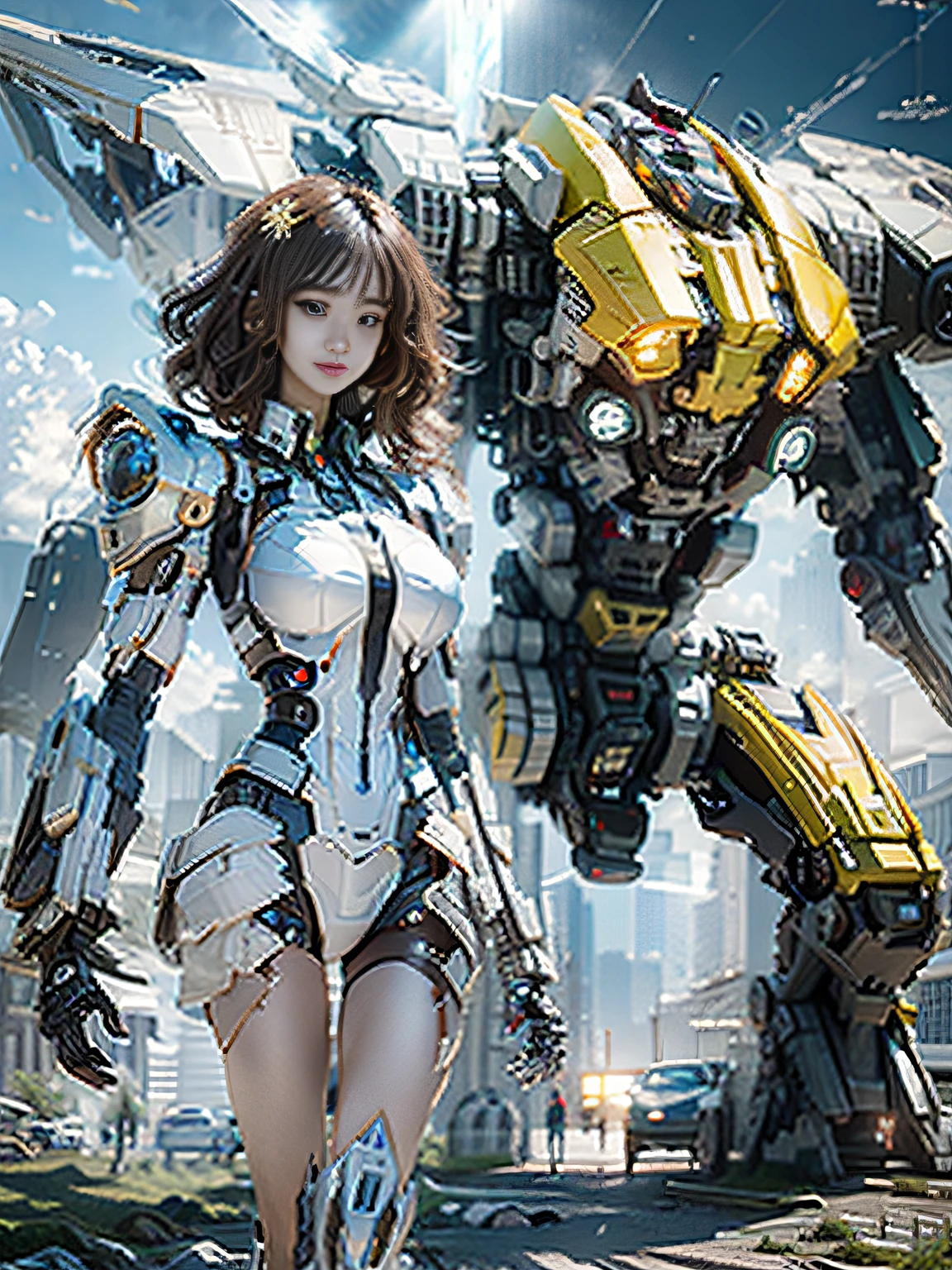 ((Best quality)), ((masterpiece)), (highly detailed:1.3), 3D,Shitu-mecha, beautiful cyberpunk women with her mecha in the ruins of city from a forgoten war, ancient technology,HDR (High Dynamic Range),Ray Tracing,NVIDIA RTX,Super-Resolution,Unreal 5,Subsurface scattering,PBR Texturing,Post-processing,Anisotropic Filtering,Depth-of-field,Maximum clarity and sharpness,Multi-layered textures,Albedo and Specular maps,Surface shading,Accurate simulation of light-material interaction,Perfect proportions,Octane Render,Two-tone lighting,Low ISO,White balance,Rule of thirds,Wide aperature,8K RAW,Efficient Sub-Pixel,sub-pixel convolution,luminescent particles,light scattering,Tyndall effect
