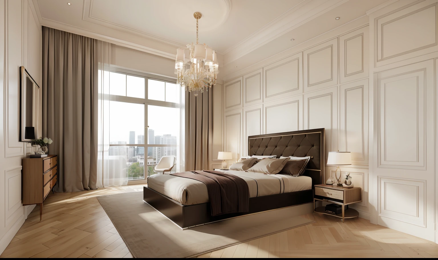 ((indoor neo classical bedroom scene.)), morden bedroom (about bedroom:1.3), (realistic), (masterpiece), super-detailed, ultra-realistic, (full detail), (high quality), (8k), (4k), 1 window from the wall to the ceiling.