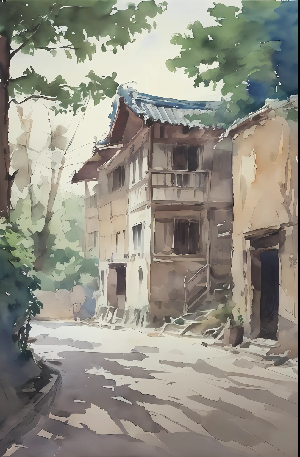（Precise construction：1.2，Detailed details，tmasterpiece）watercolor paiting，Chinese rural residential path，the trees，shining sun，tree shade，Venn people on the wall