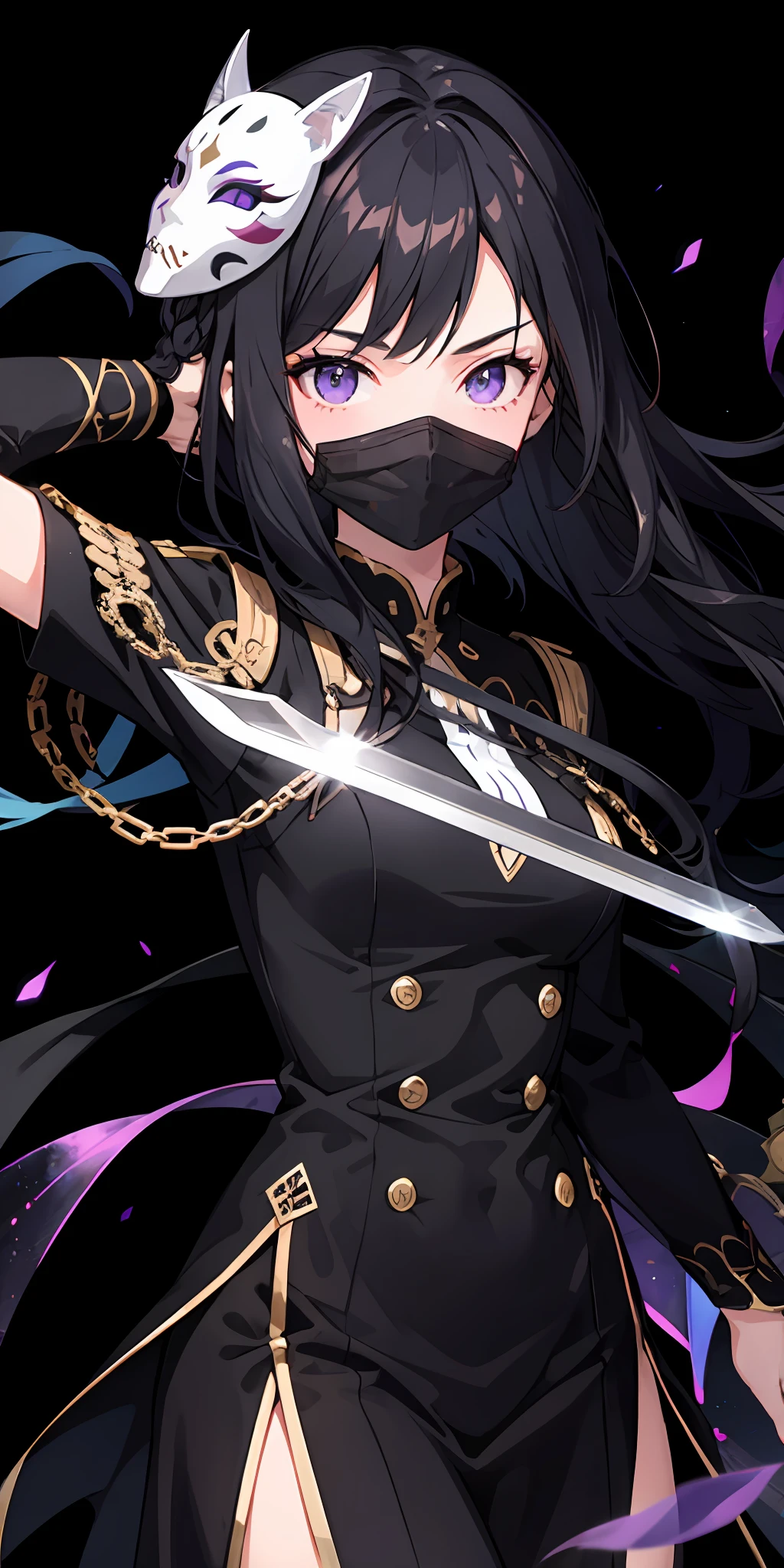 1girl,Black hair,O cabelo multicolorido,Purple eye,Wear a mask on your head,Sideslit,light particules,the wallpaper,Sword