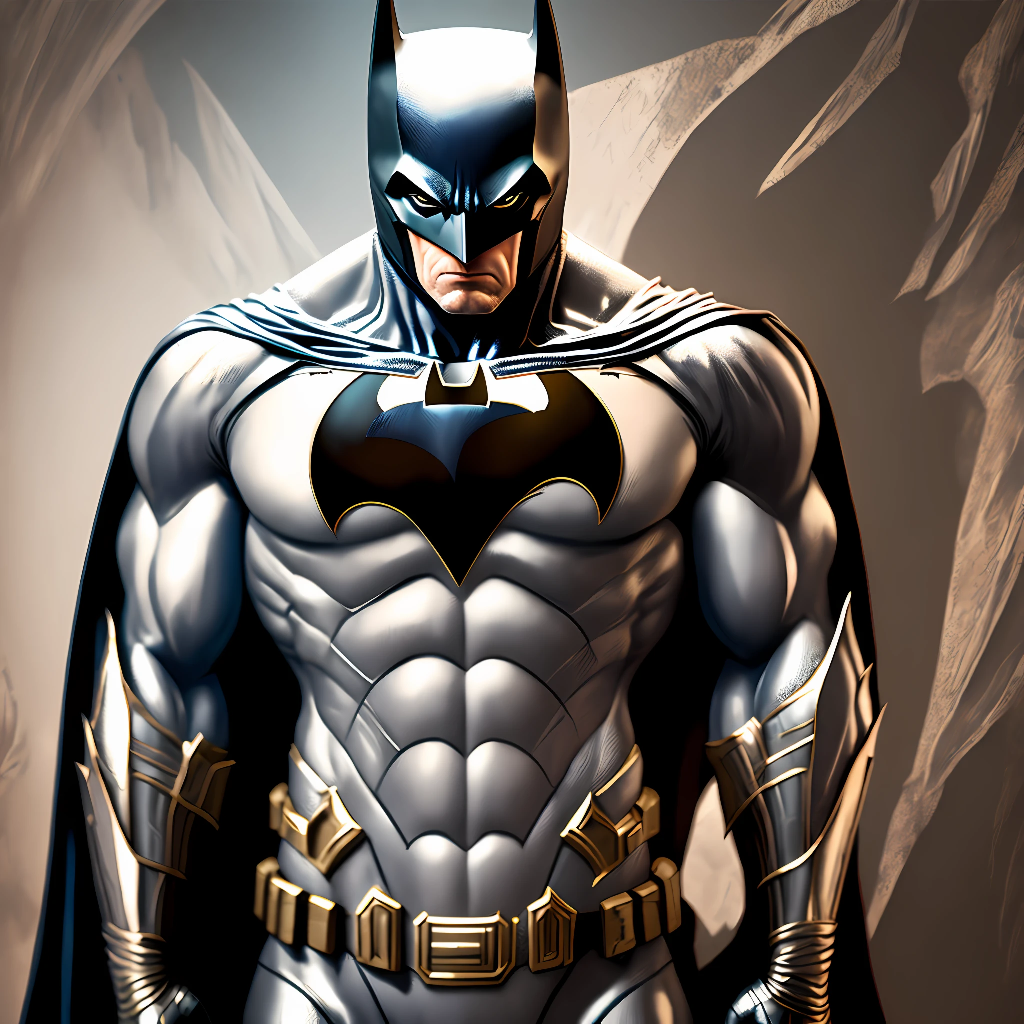 "The Batman in a silver, highly detailed metallic suit appears in a high-resolution cinematic setting, with dynamic angle. It is a masterpiece with the best quality, foto premiada