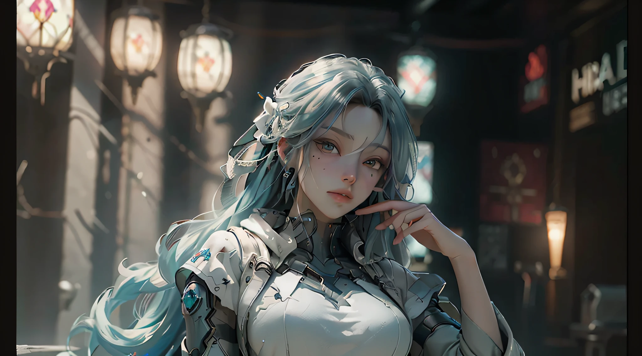 ((Best quality)), ((masterpiece)), (detailed:1.4), 3D, an image of a beautiful cyberpunk female,HDR (High Dynamic Range),Ray Tracing,NVIDIA RTX,Super-Resolution,Unreal 5,Subsurface scattering,PBR Texturing,Post-processing,Anisotropic Filtering,Depth-of-field,Maximum clarity and sharpness,Multi-layered textures,Albedo and Specular maps,Surface shading,Accurate simulation of light-material interaction,Perfect proportions,Octane Render,Two-tone lighting,Wide aperture,Low ISO,White balance,Rule of thirds,8K RAW,